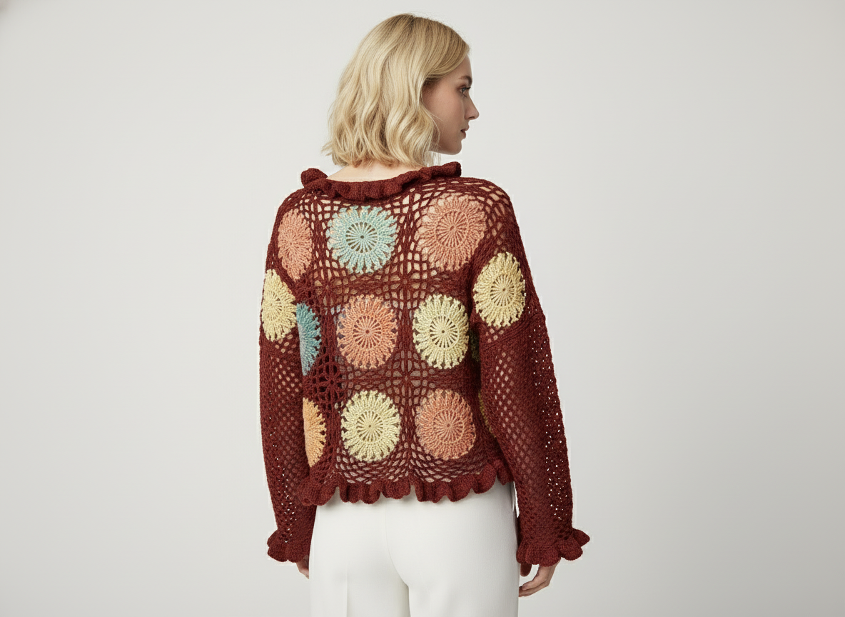 El Yapımı Örgü Bordo Hırka – Pastel Çiçek Motifli