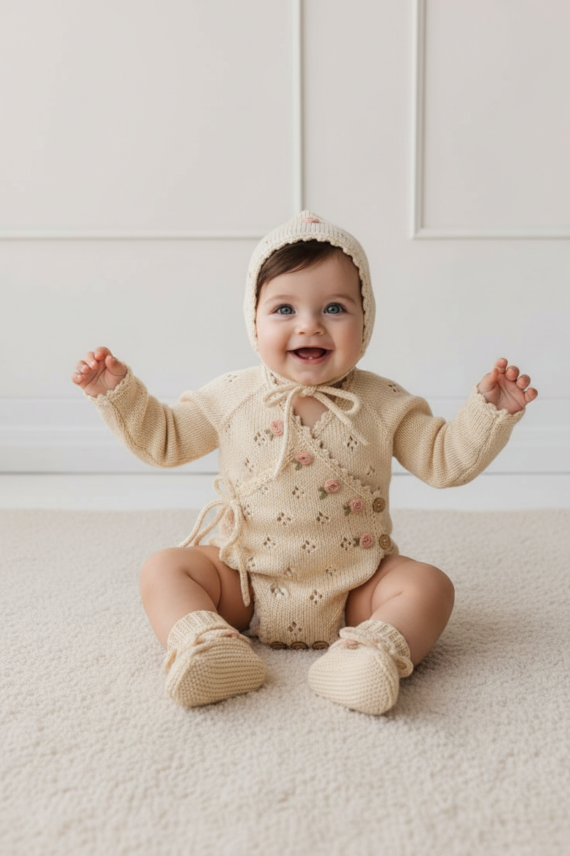 El Örgüsü 3’lü Bebek Seti – Krem Renkli Body, Bere ve Patik Takımı