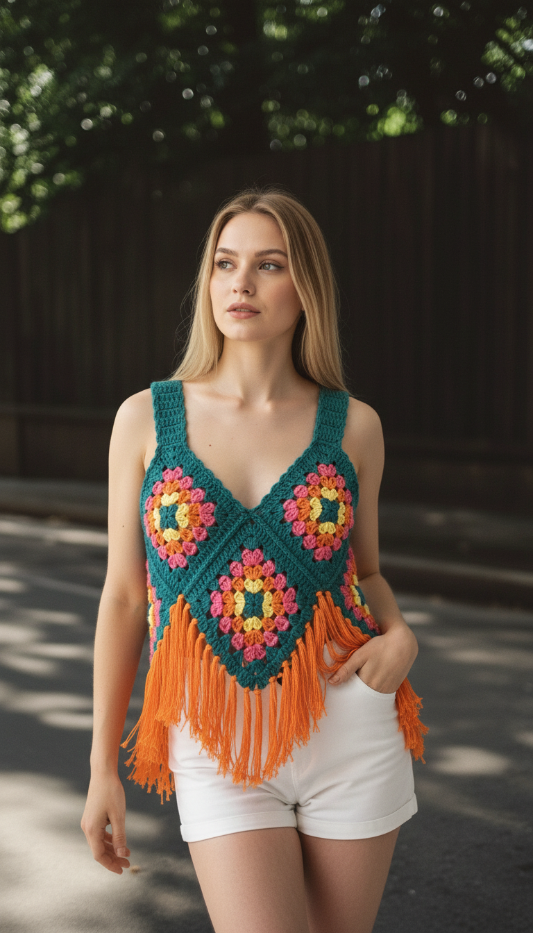 El Örgüsü Motifli Crop | Bohem Tarz
