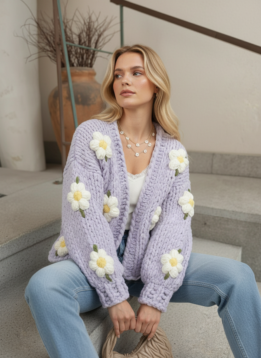 Lila Renk Papatyalı Crop Hırka