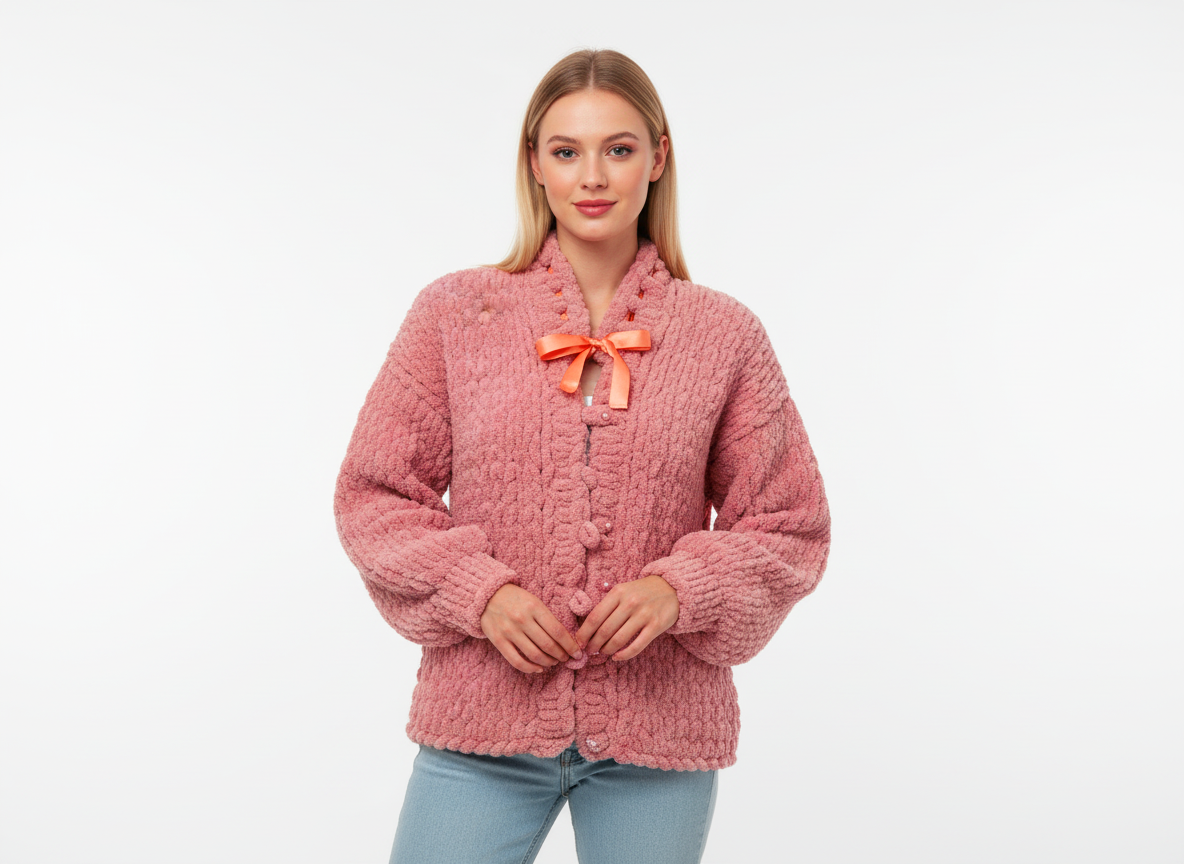 İnci Görünümlü Düğmeli ve Fiyonklu Crop Hırka | Pembe