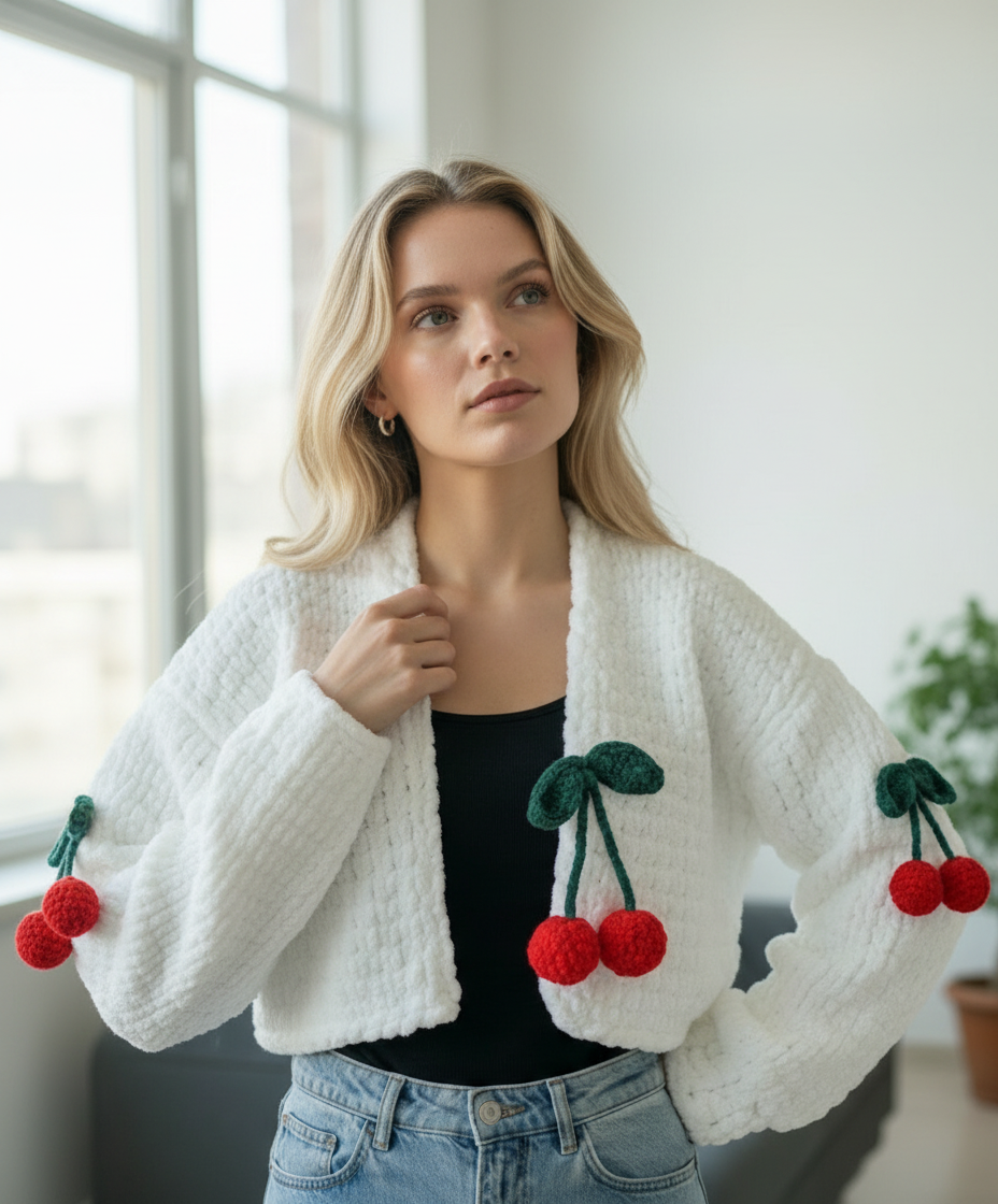 El Örgüsü Kiraz Detaylı Beyaz Crop Hırka