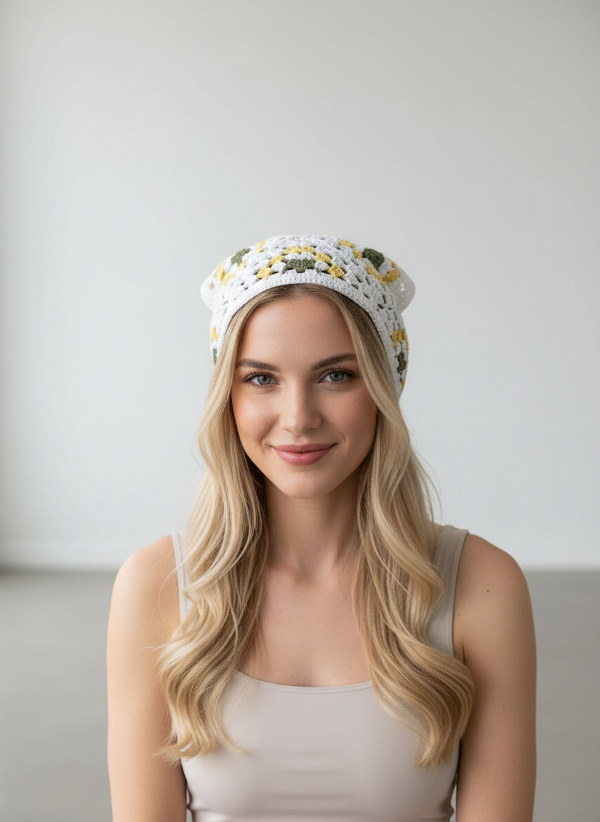 El Örgüsü Bandana – Beyaz & Sarı Granny Kare Desenli