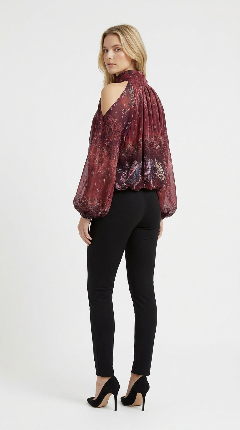 Bordo Baskılı Şifon Bluz