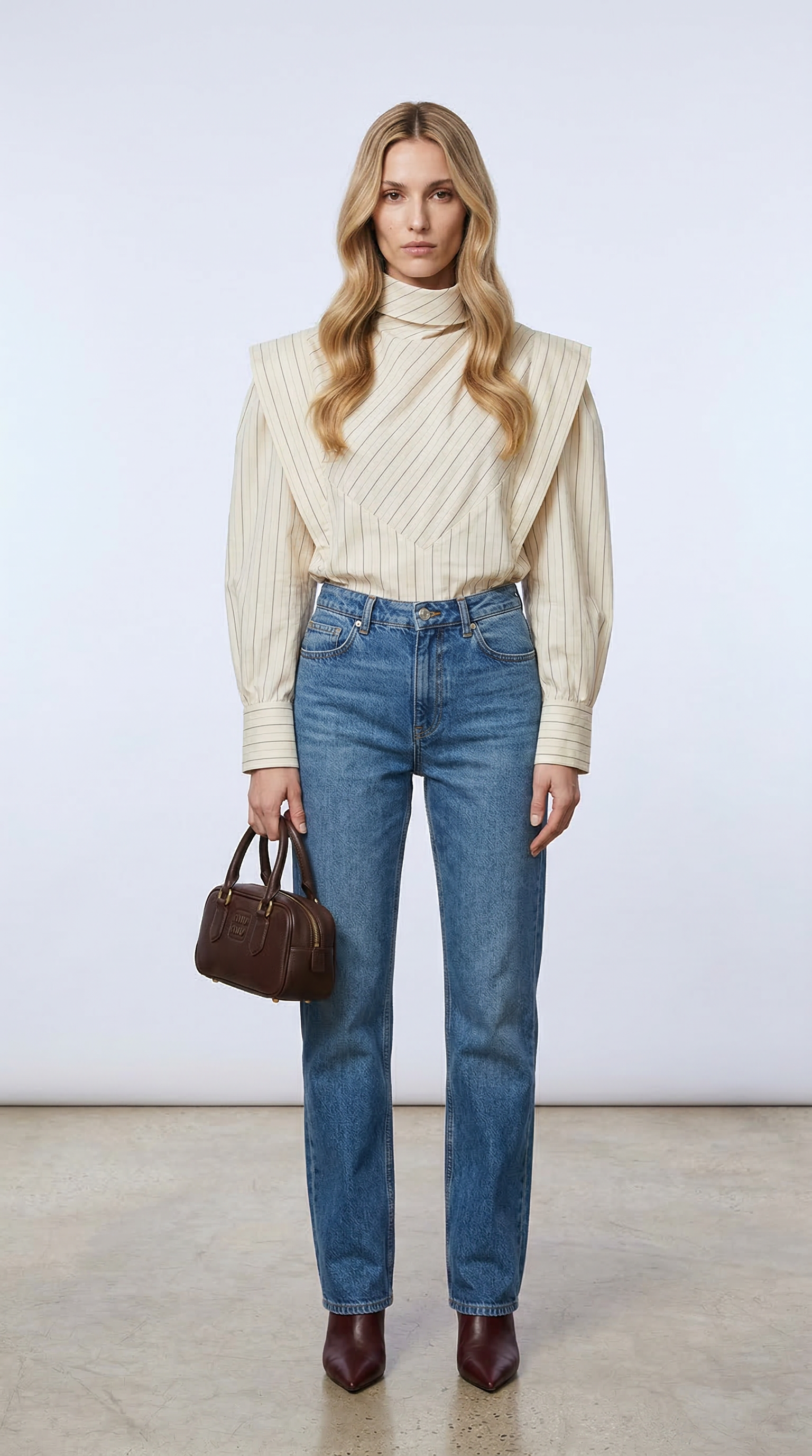 Bej Çizgili Yüksek Yaka Gömlek