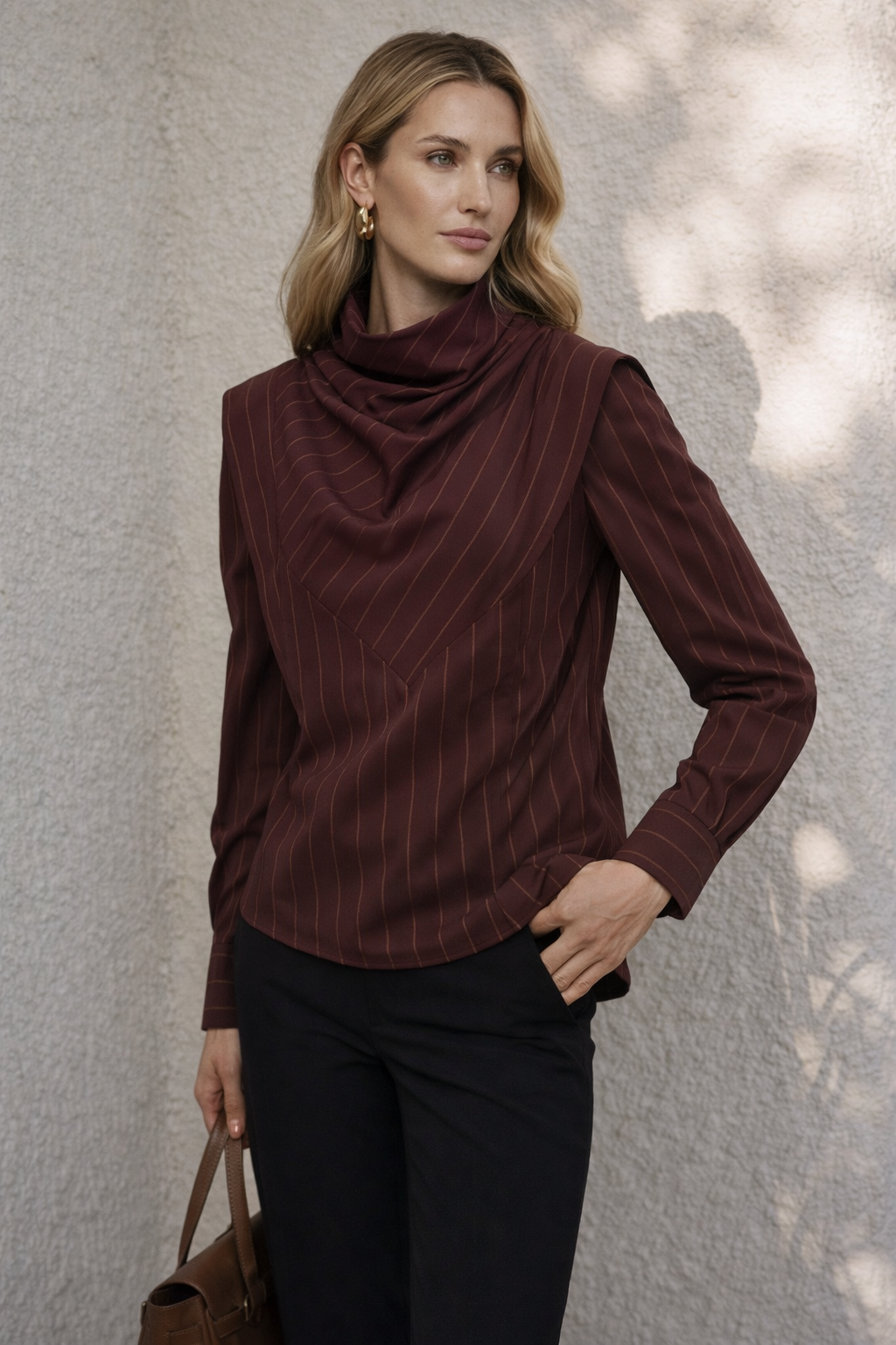 Bordo Çizgili Yüksek Yaka Gömlek