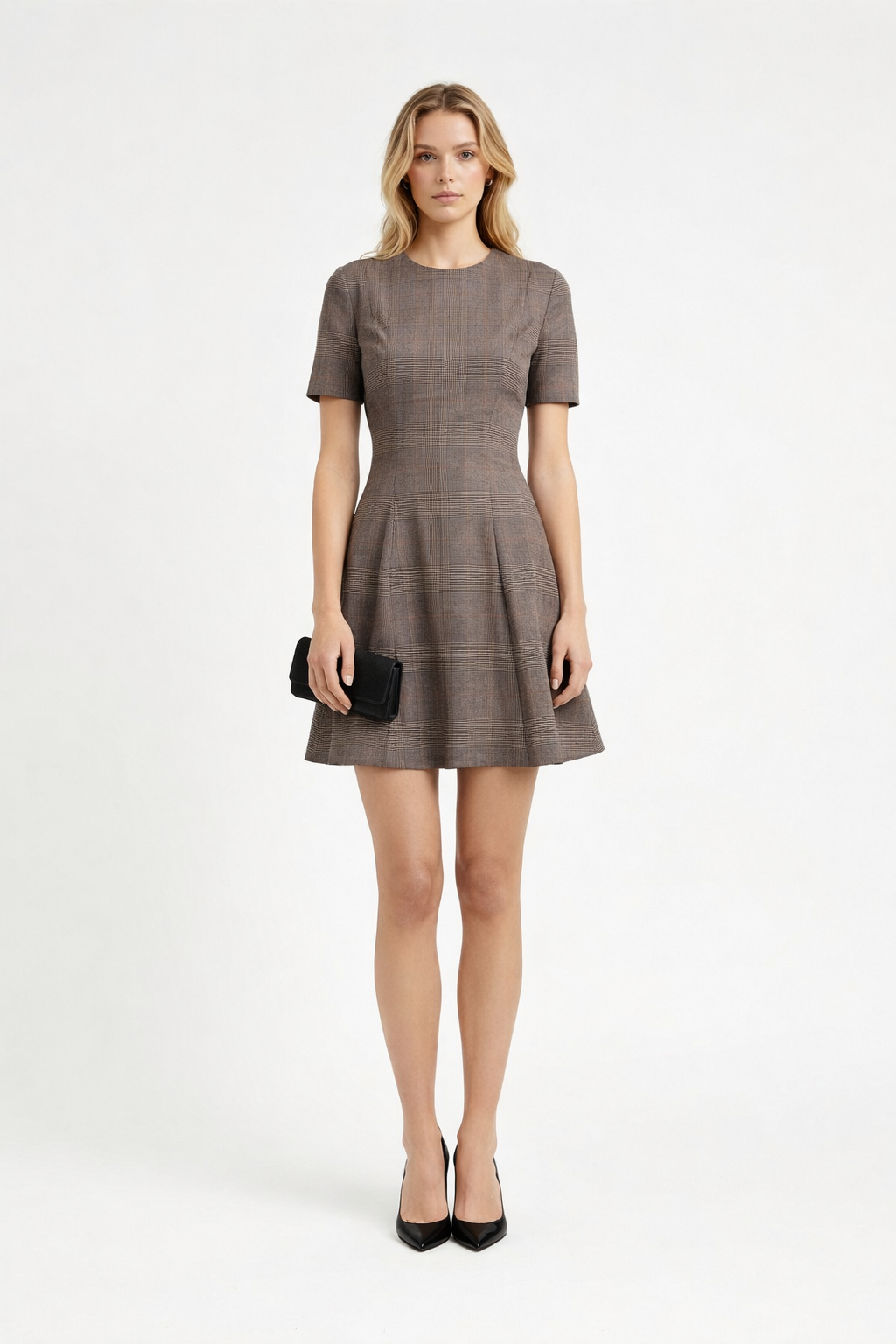 Kahve Ekose Kısa Kollu Elbise