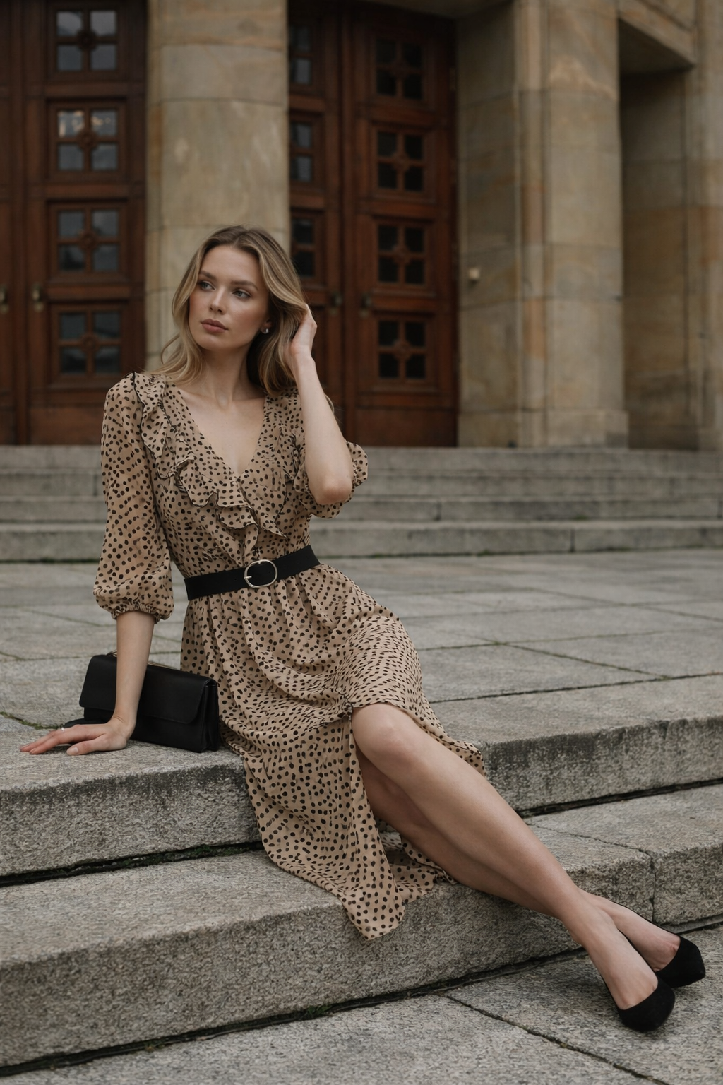 Puantiye Desenli Kemerli Elbise