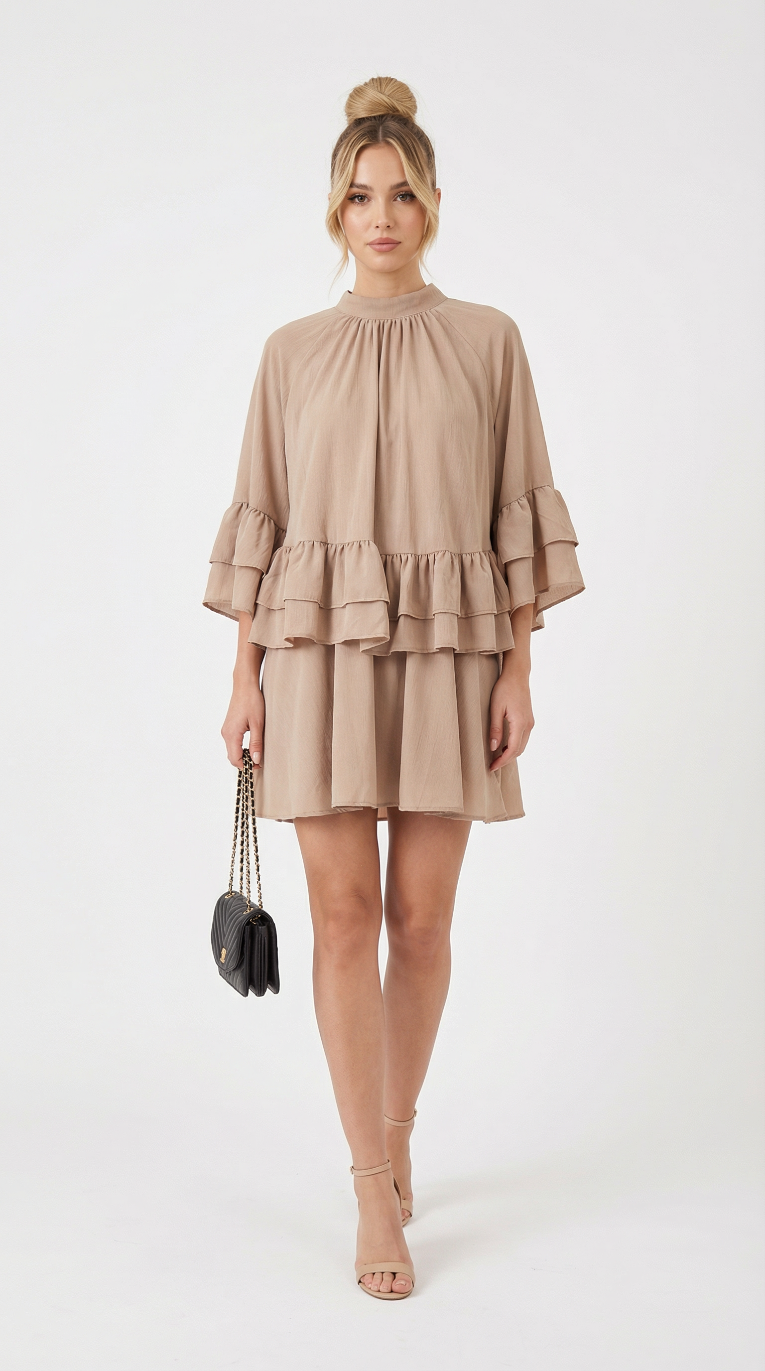 Volan Detaylı Bej Mini Elbise
