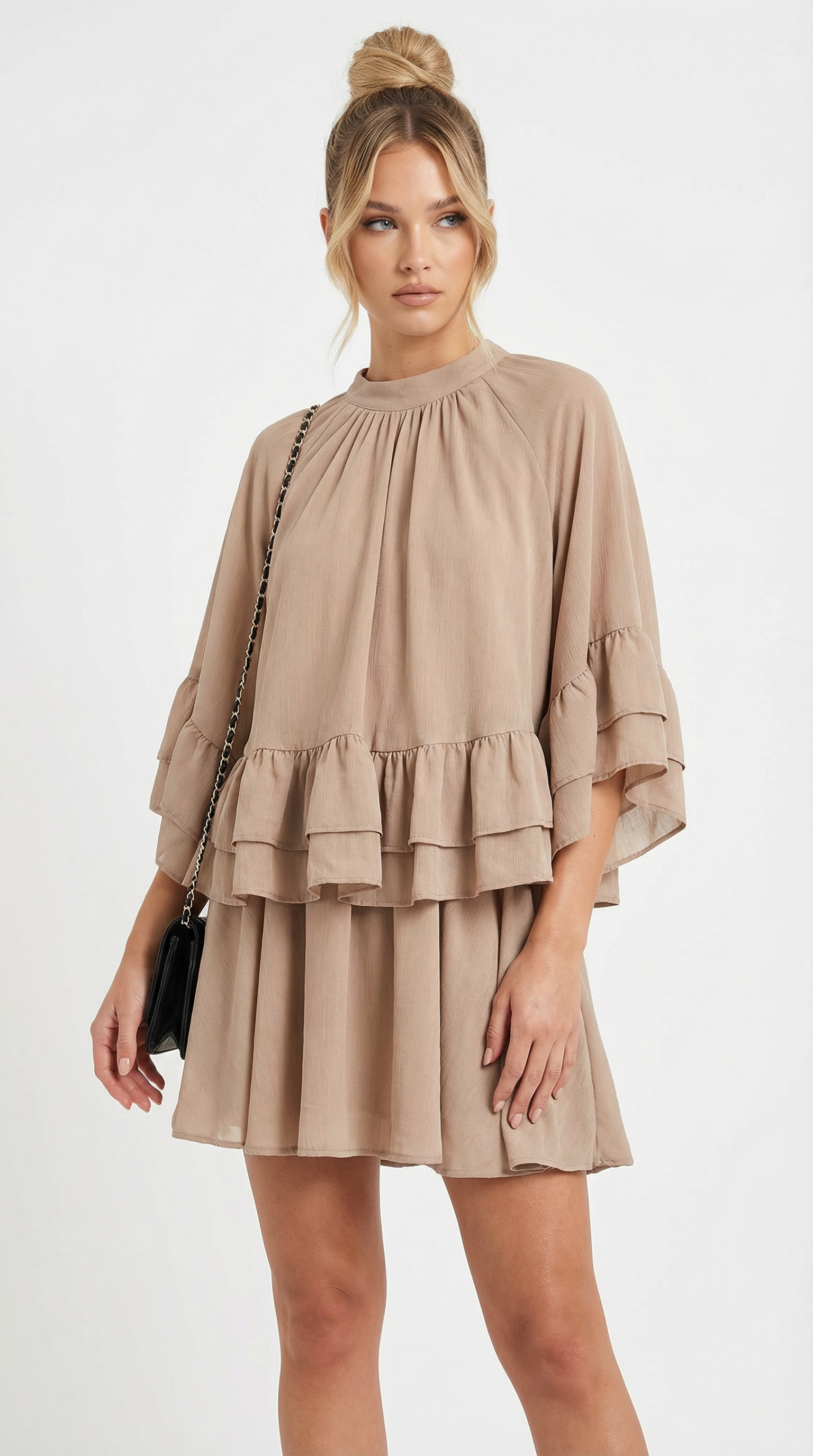Volan Detaylı Bej Mini Elbise
