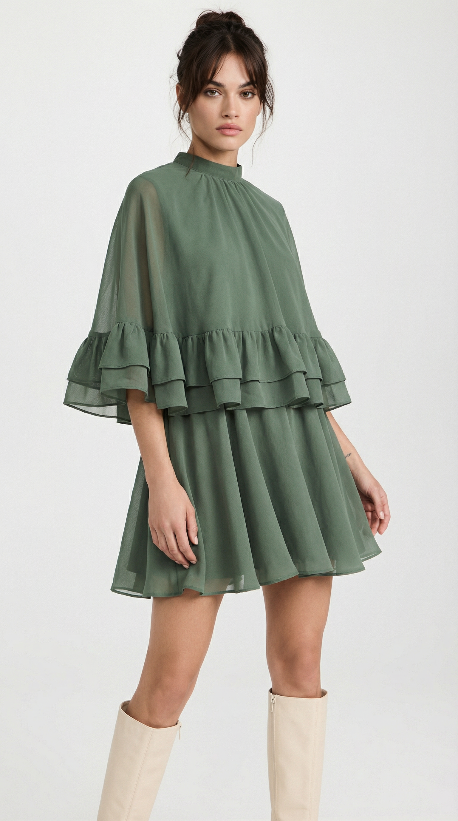 Volan Detaylı Olive Mini Elbise