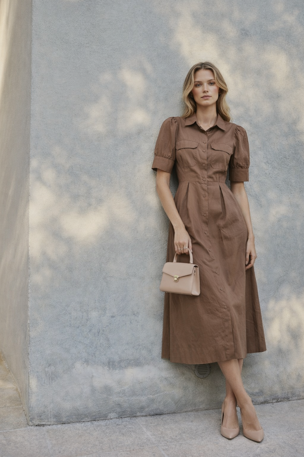 Balon Kollu Mocha Gömlek Elbise