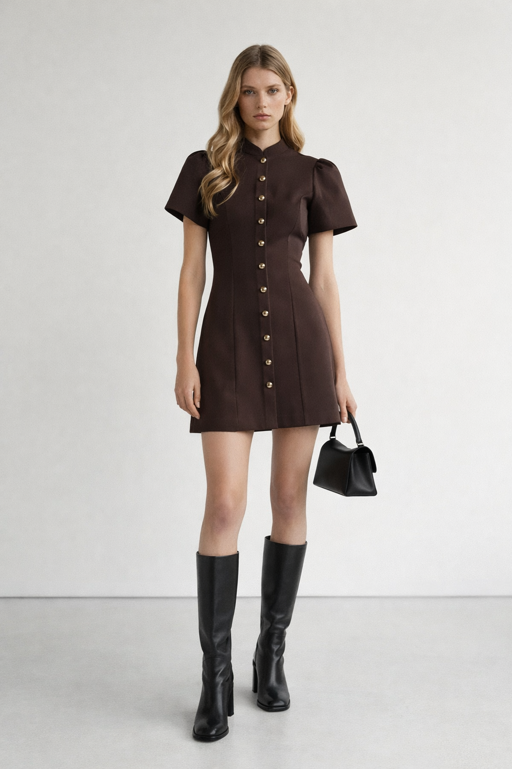 Düğme Detaylı Kahverengi Mini Elbise