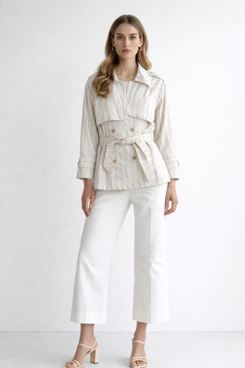 Çizgili Kuşaklı Trenç Ceket