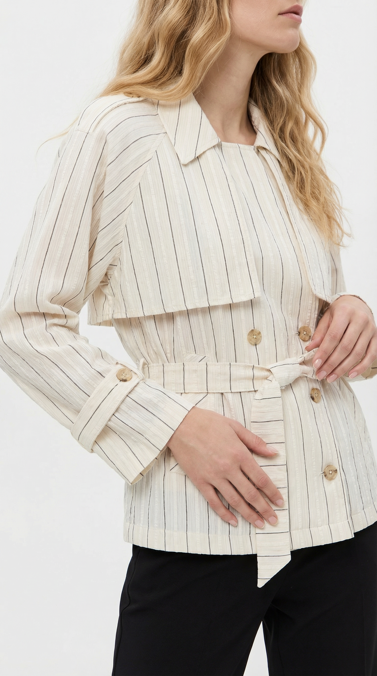 Çizgili Kuşaklı Trenç Ceket