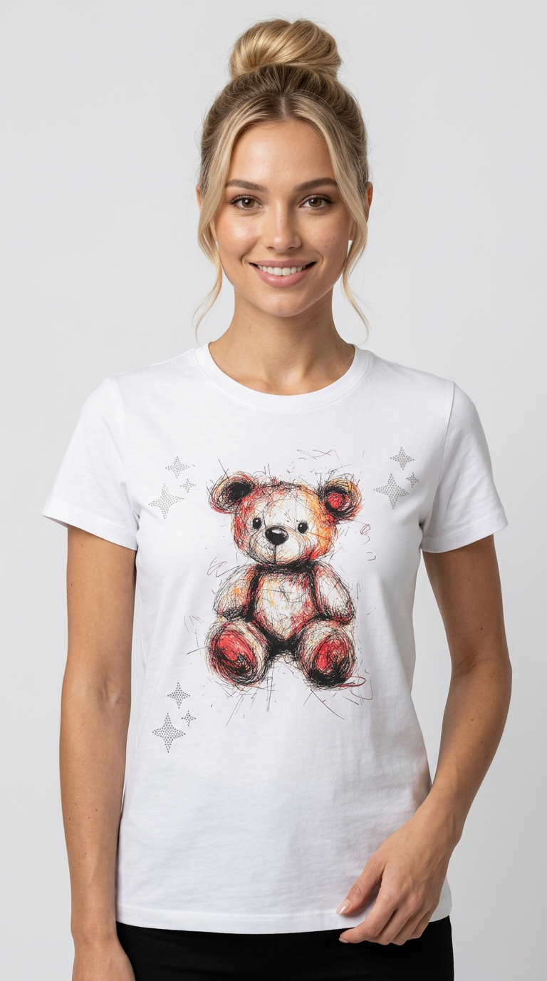 Ayıcık Baskılı Beyaz Tişört