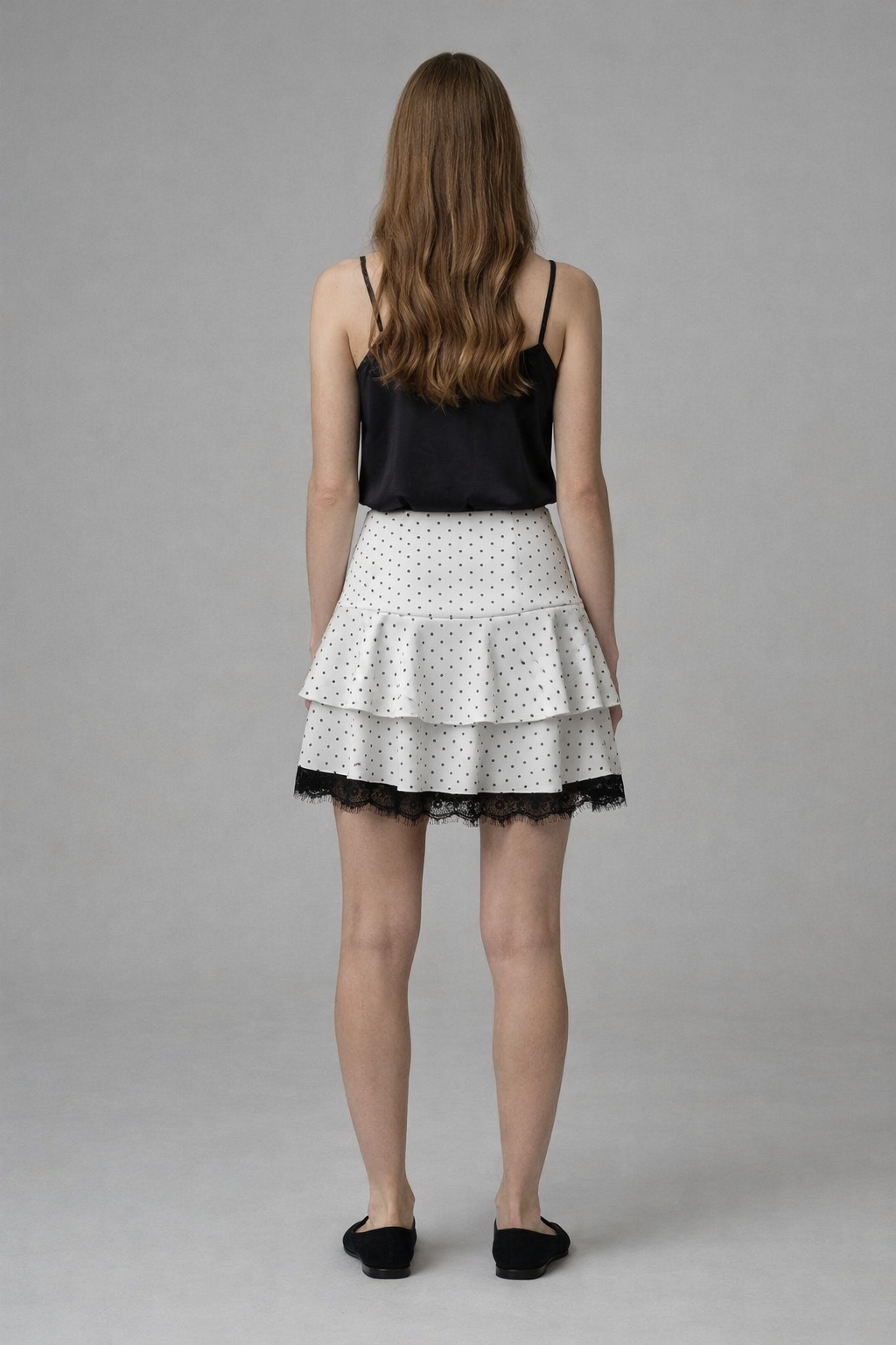 Dantel Detaylı Puantiye Desenli Saten Etek