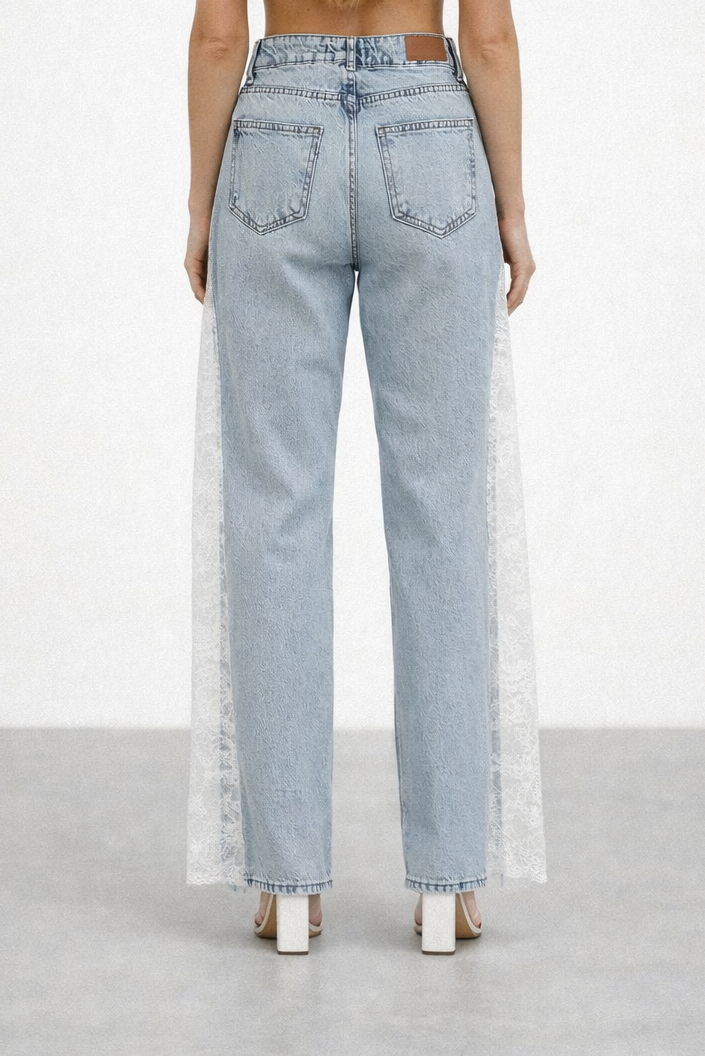 Dantel Detaylı Açık Mavi Jean Pantolon