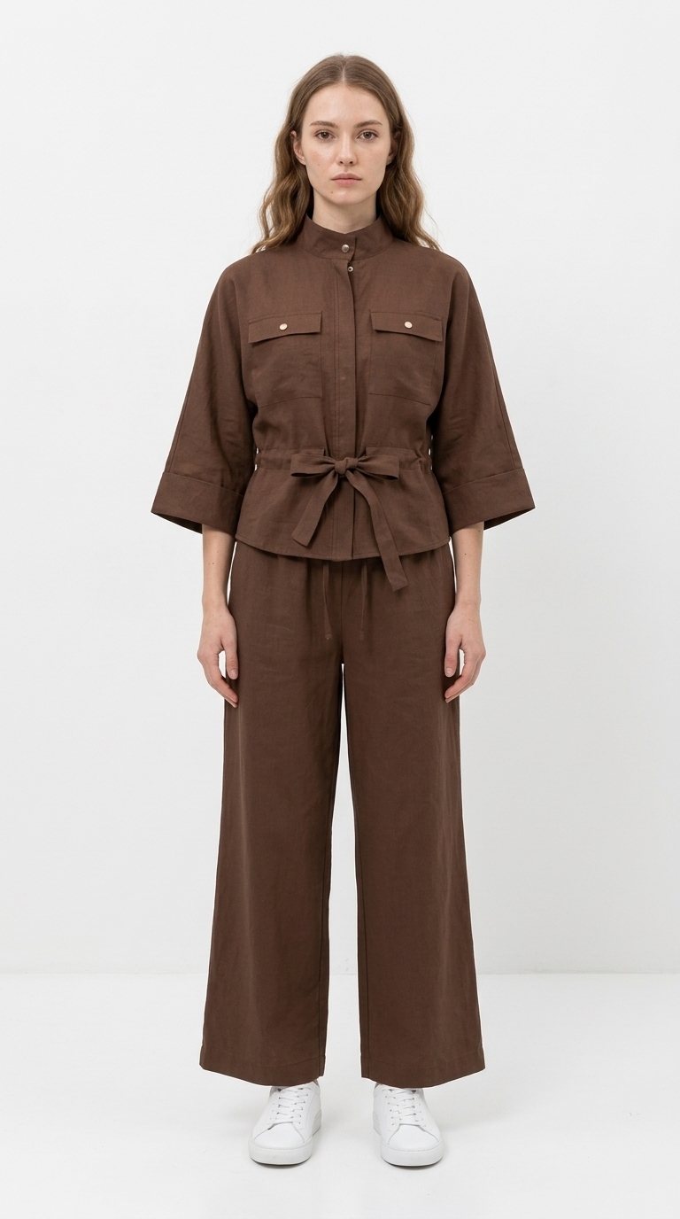 Taba Kuşaklı Hakim Yaka Gömlek & Pantolon Takım