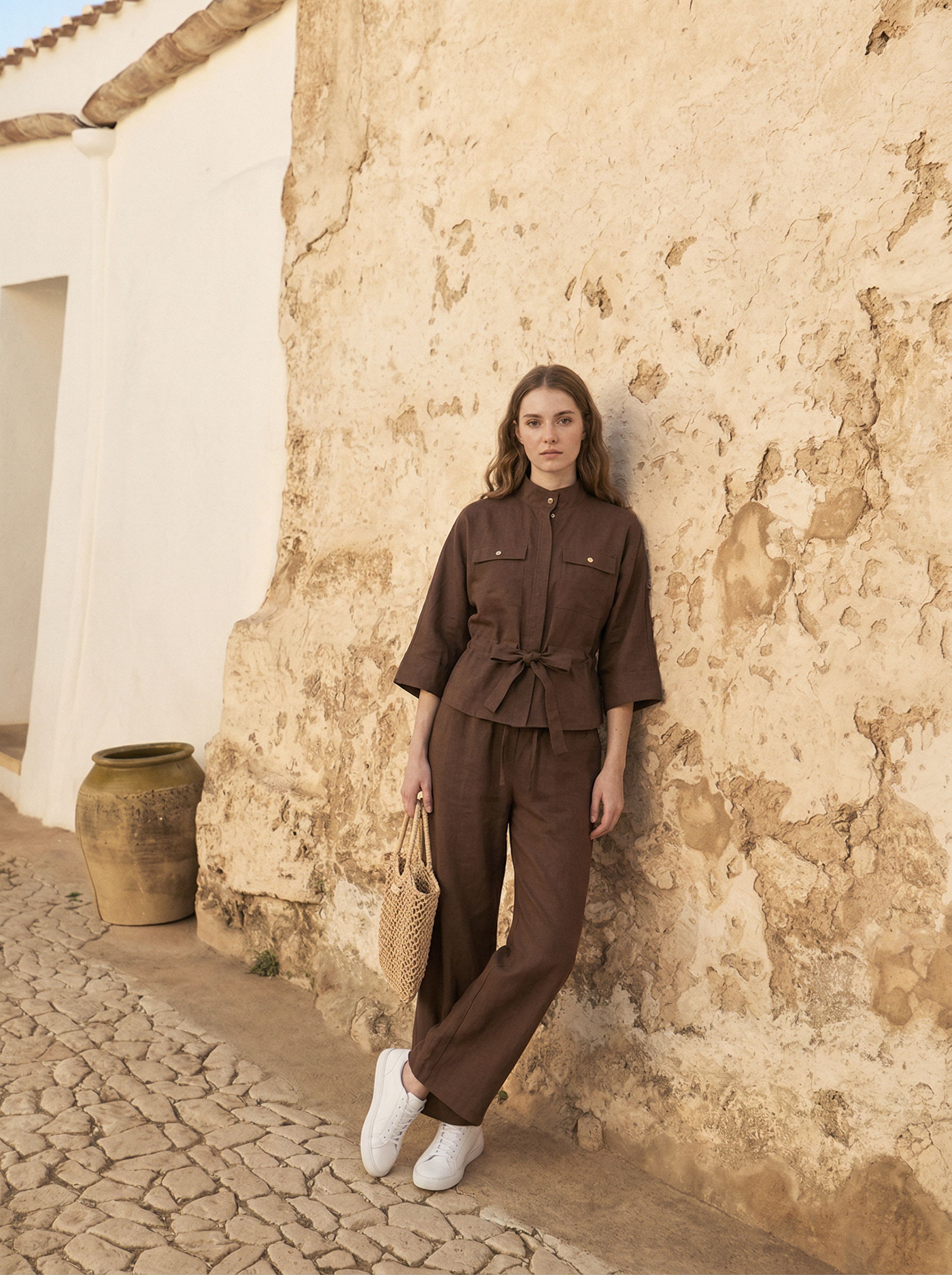 Taba Kuşaklı Hakim Yaka Gömlek & Pantolon Takım