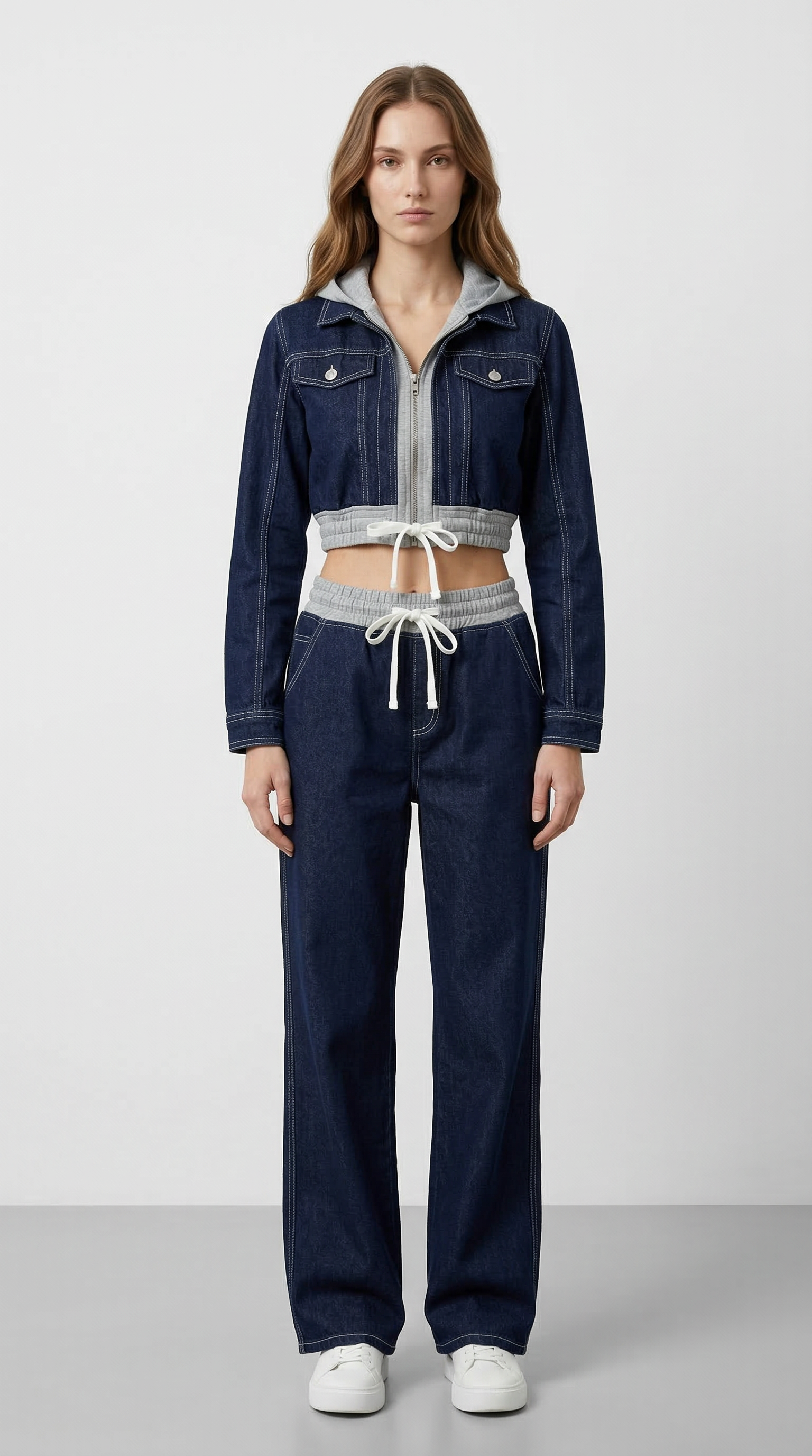 Kapüşonlu Crop Denim Takım