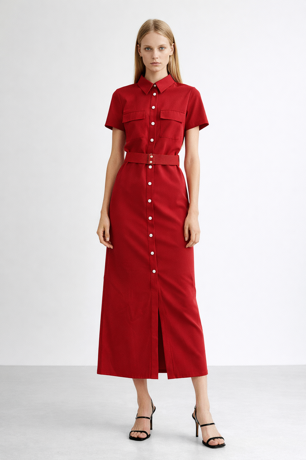 Kemer Detaylı Gömlek Yaka Midi Elbise – Kırmızı