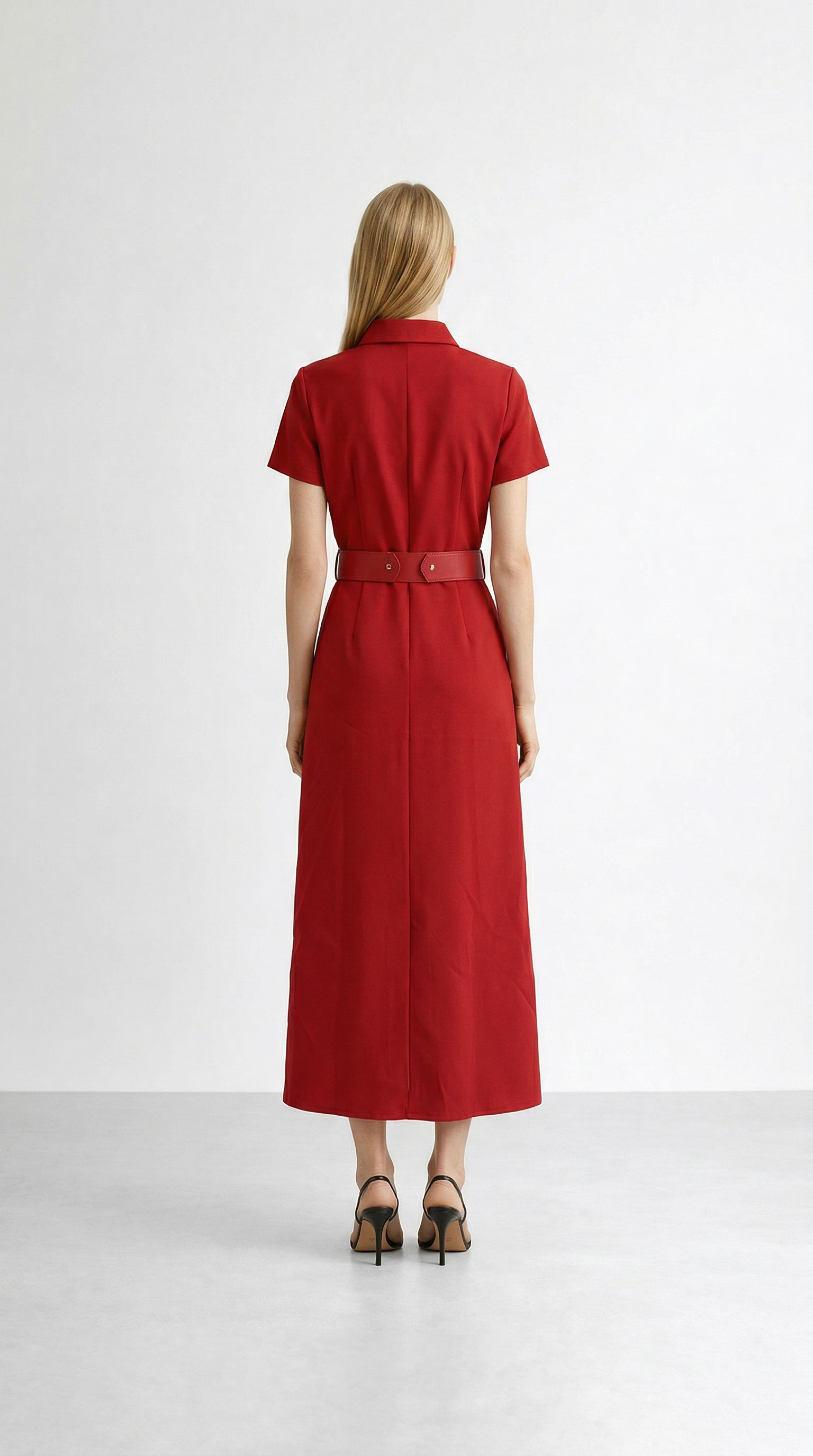 Kemer Detaylı Gömlek Yaka Midi Elbise – Kırmızı