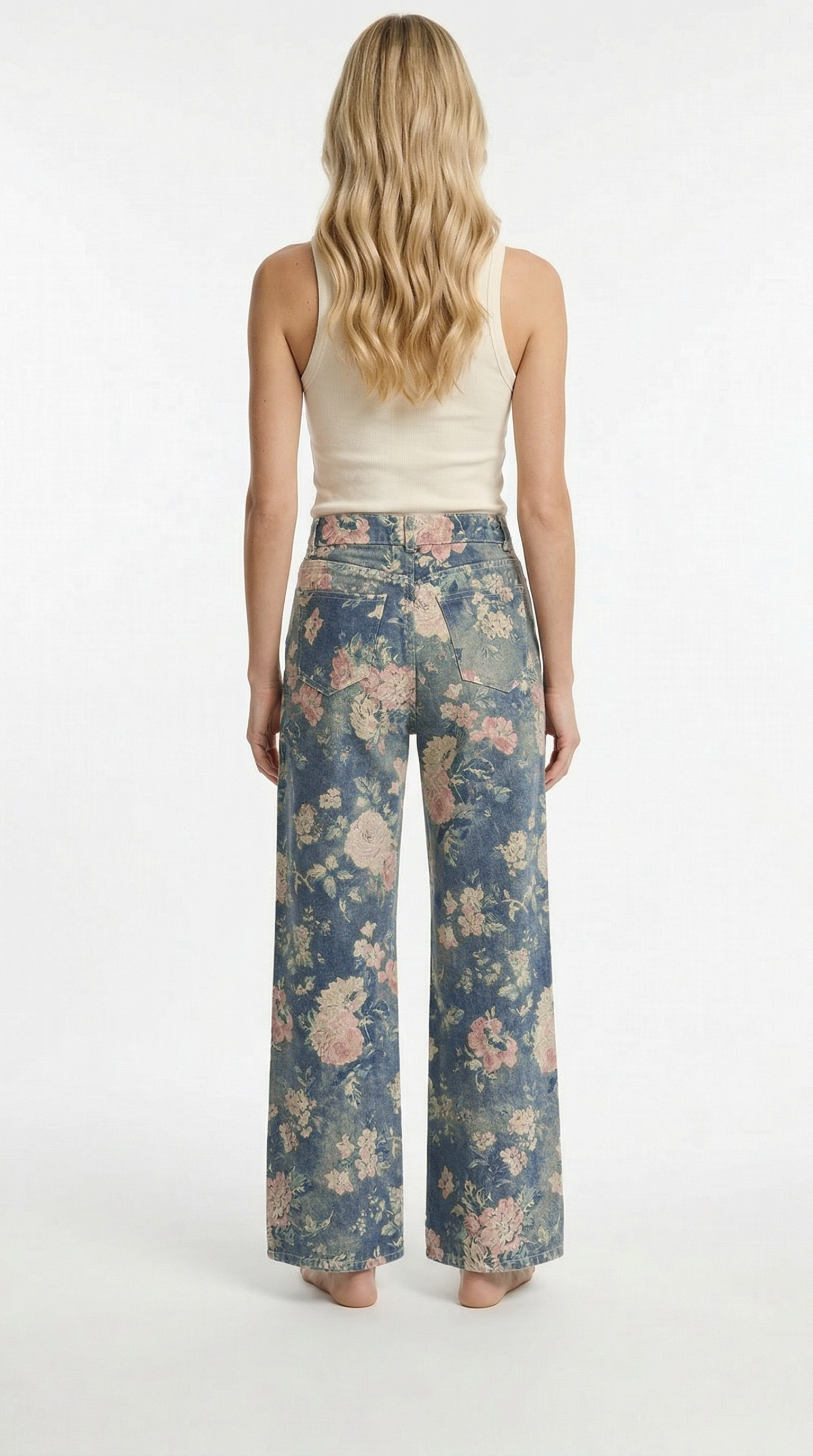 Retro Çiçek Desenli Jean Pantolon