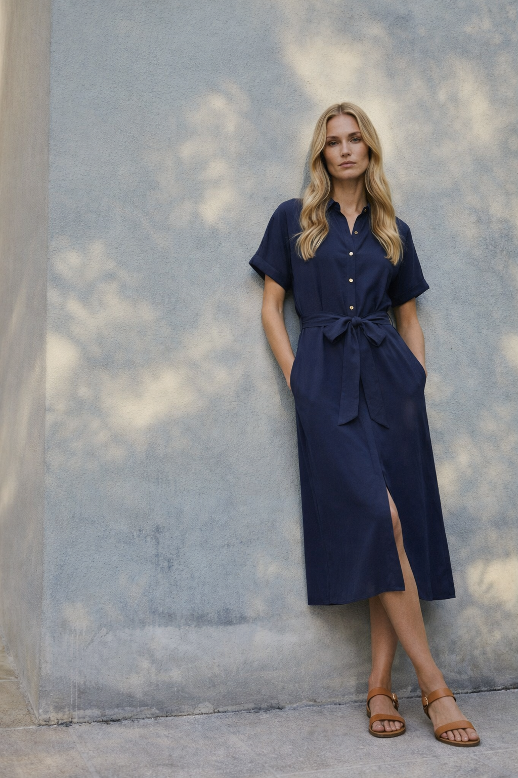 Kemer Detaylı Lacivert Gömlek Elbise