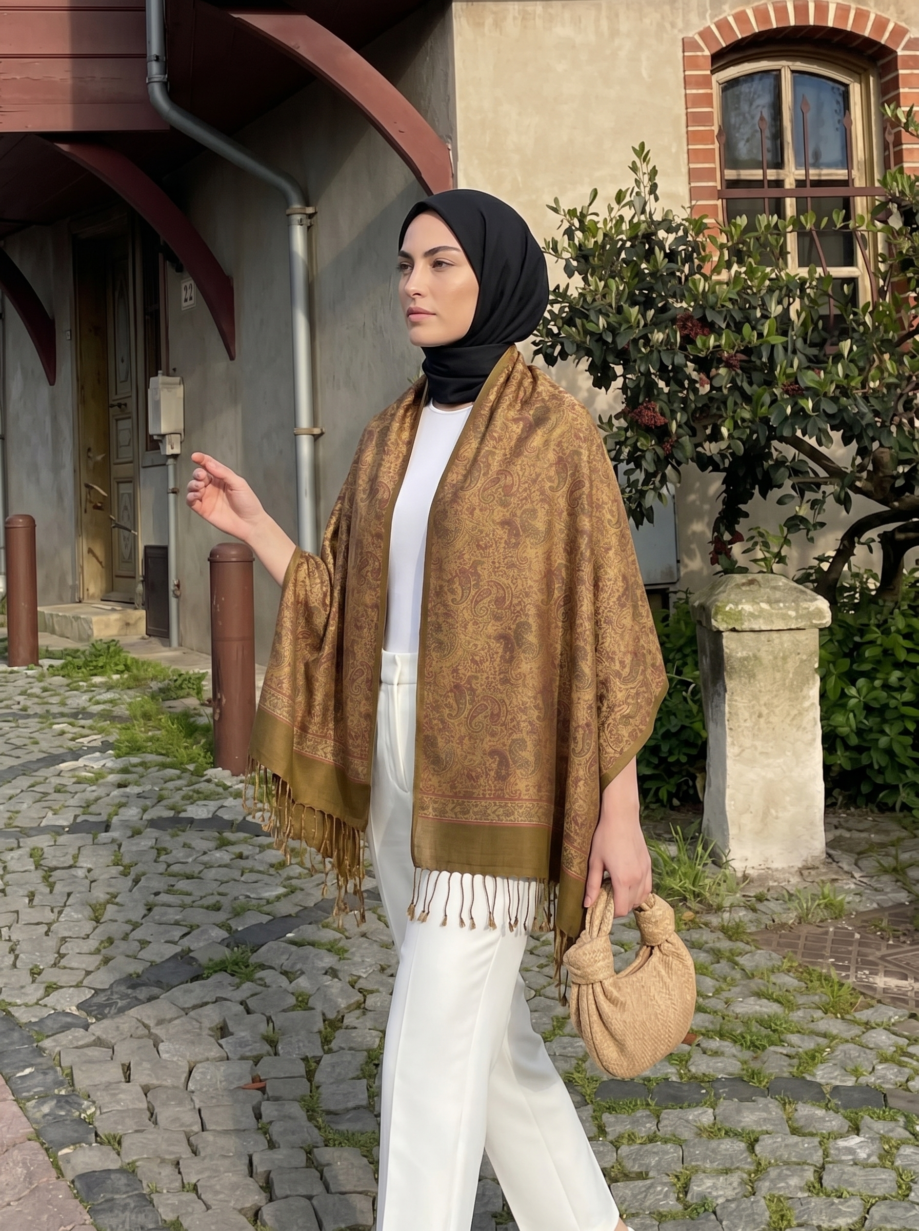 Kahve Tonlu İpek Jakar Desenli Şal