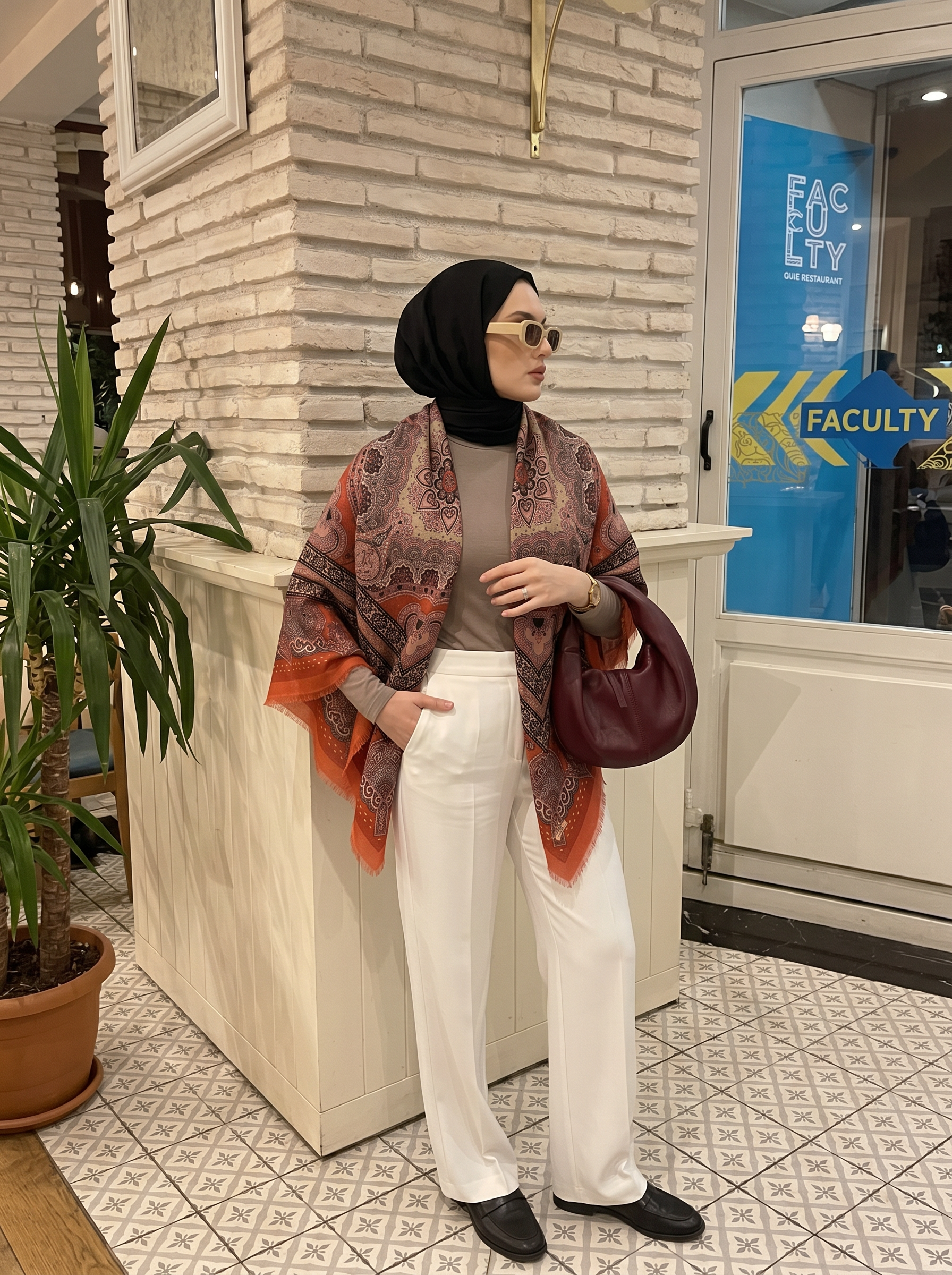 Kırmızı Desenli Viskon Kare Omuz Şalı