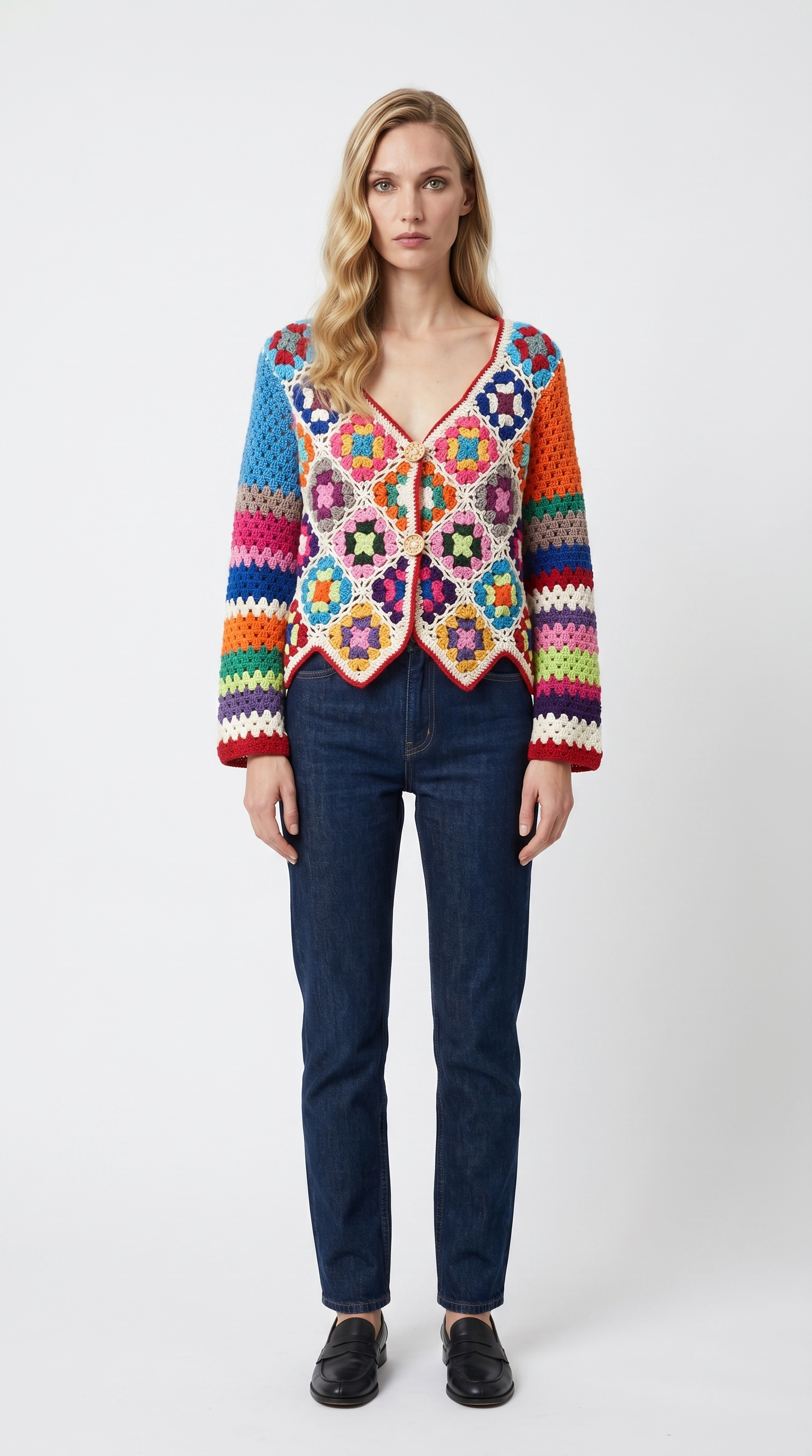 Renkli El Örgüsü Patchwork Hırka