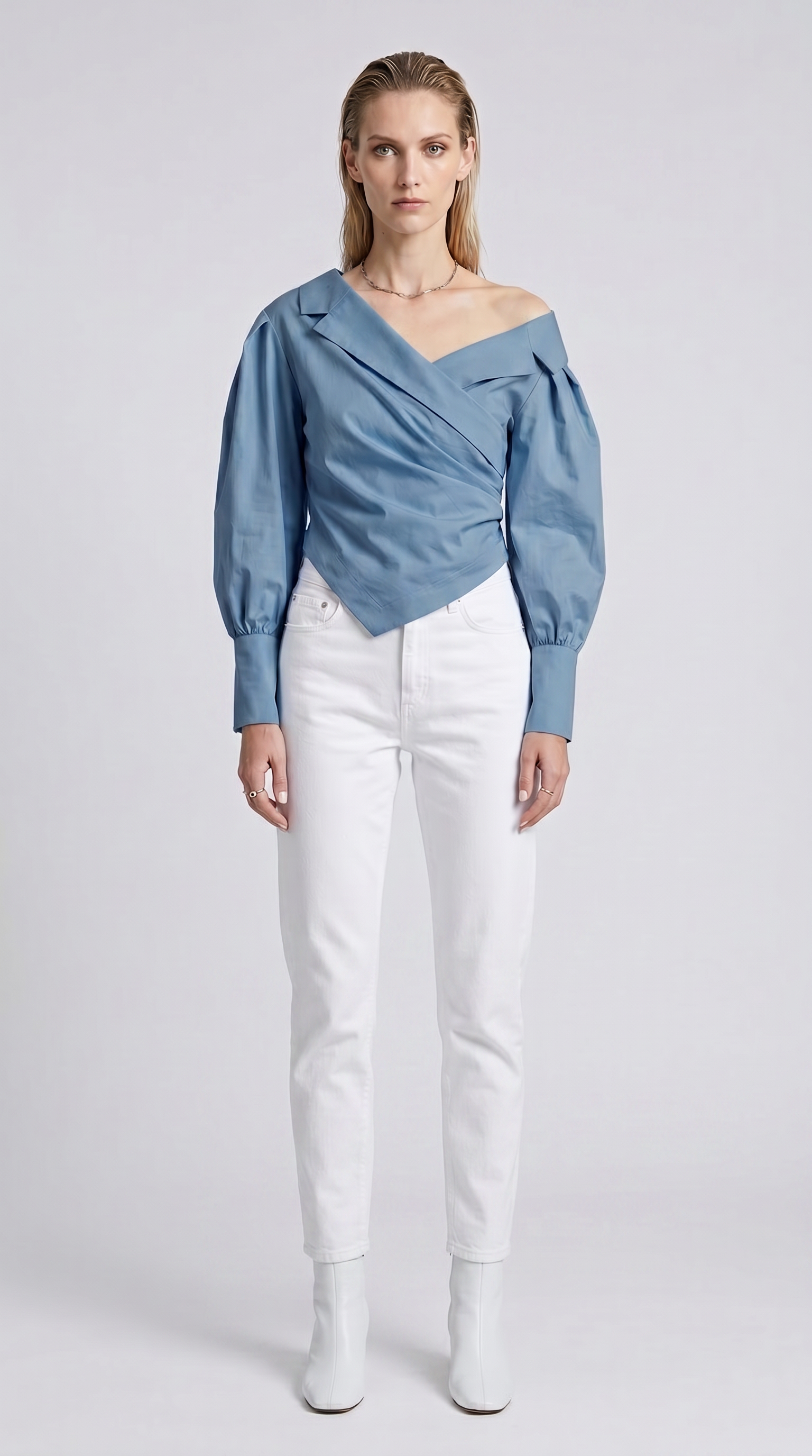 Asimetrik Yaka Drapeli Mavi Gömlek