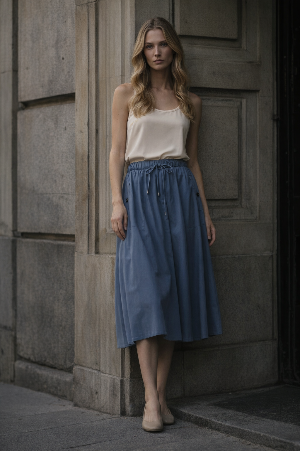 Mavi Midi Boy Cepli Etek