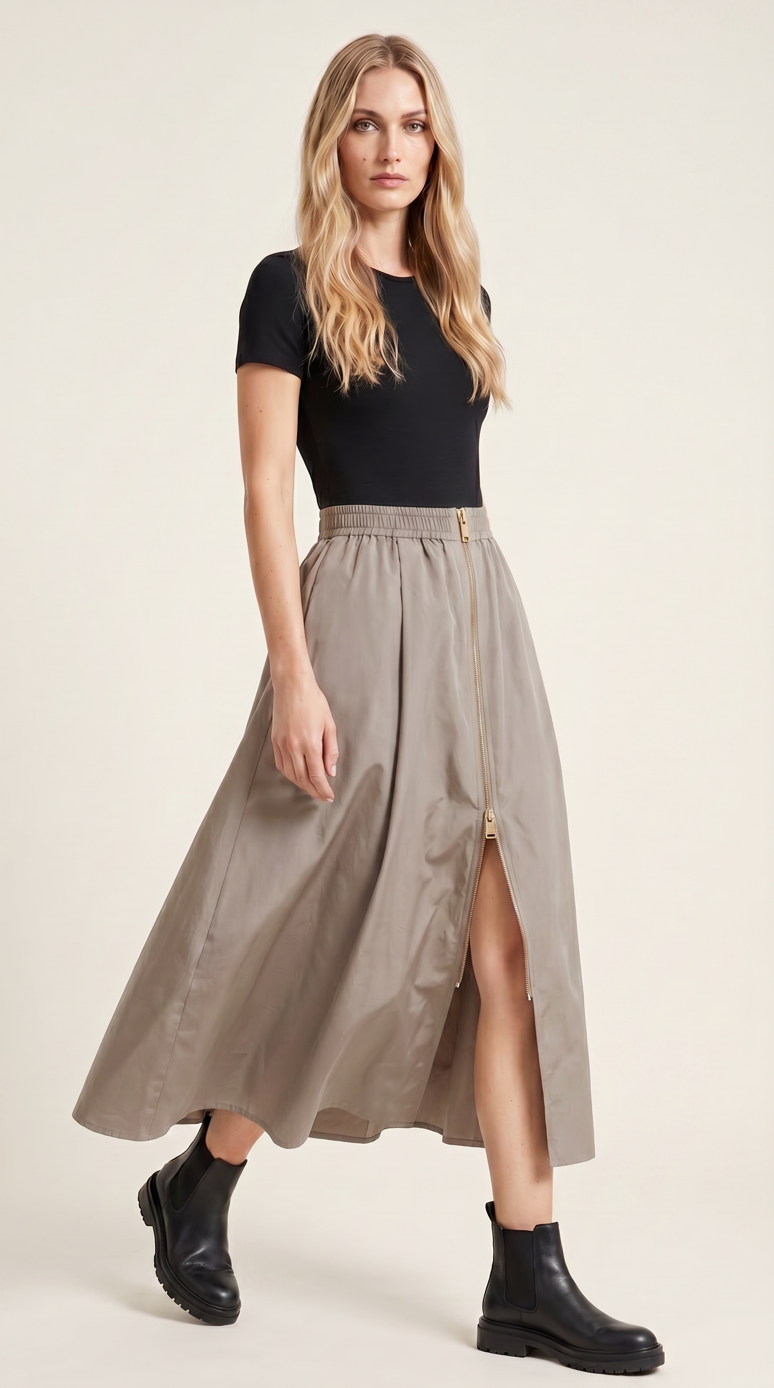 Fermuar Detaylı Yüksek Bel Vizon Midi Etek