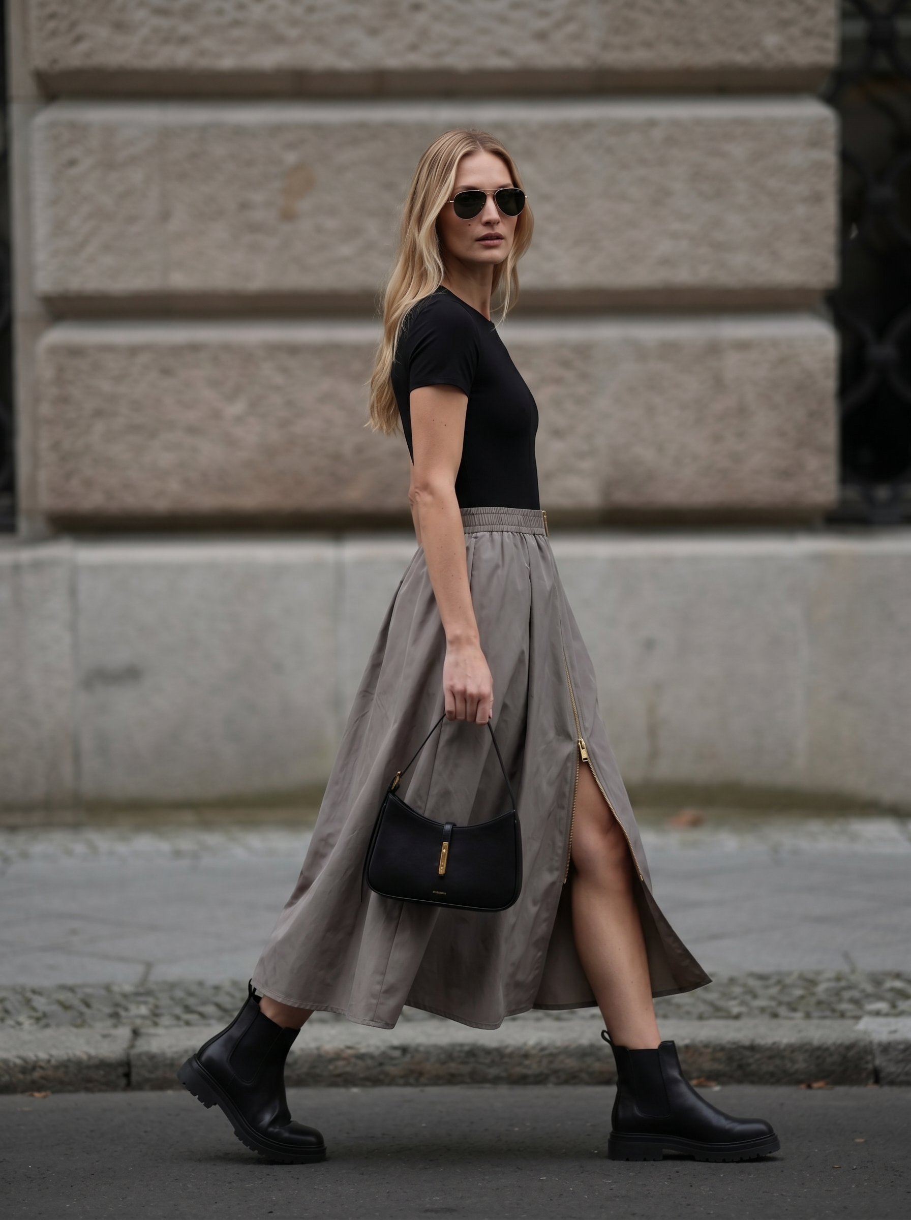 Fermuar Detaylı Yüksek Bel Vizon Midi Etek