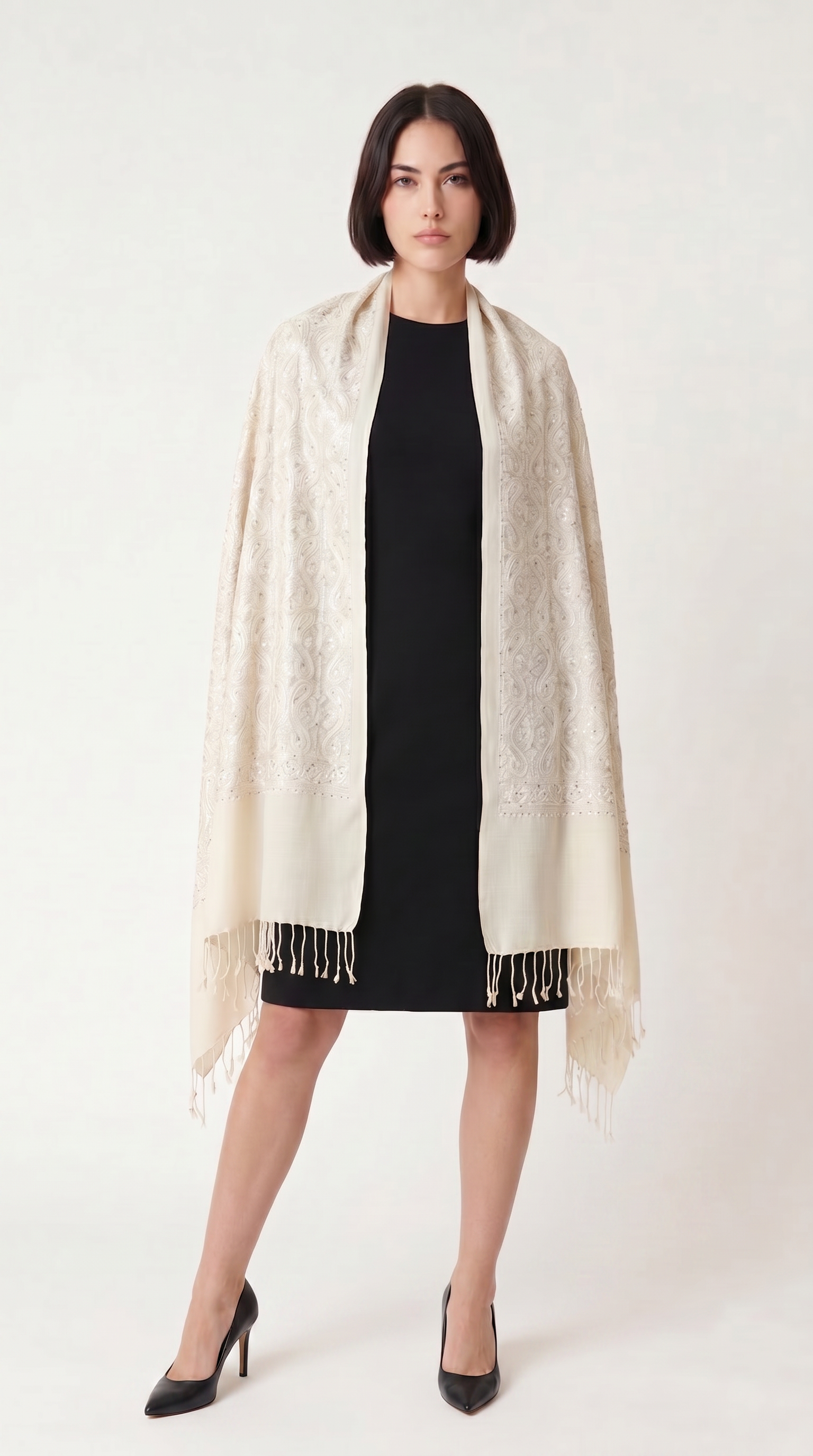 Ekru Taş İşlemeli Şal