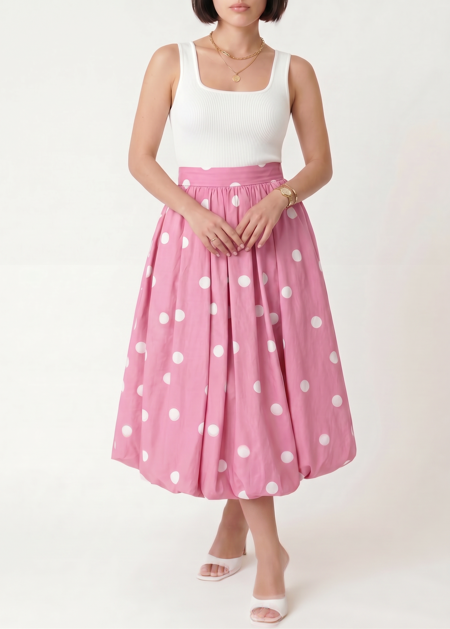 Pembe Puantiyeli Balon Midi Etek