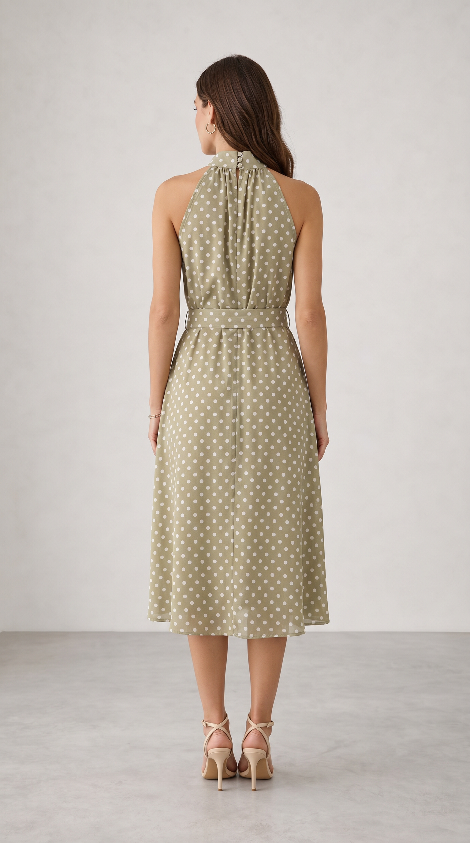 Haki Puantiye Desenli Boyun Bağlama Midi Elbise
