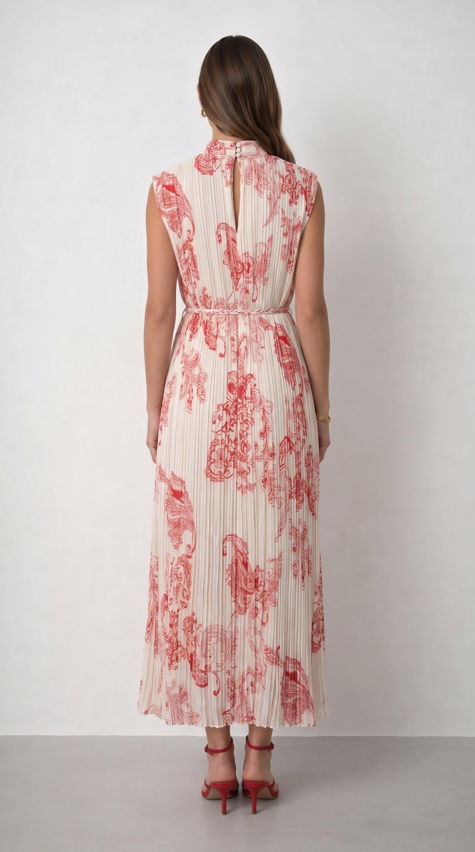 Ekru Kırmızı Desenli Pliseli Midi Elbise