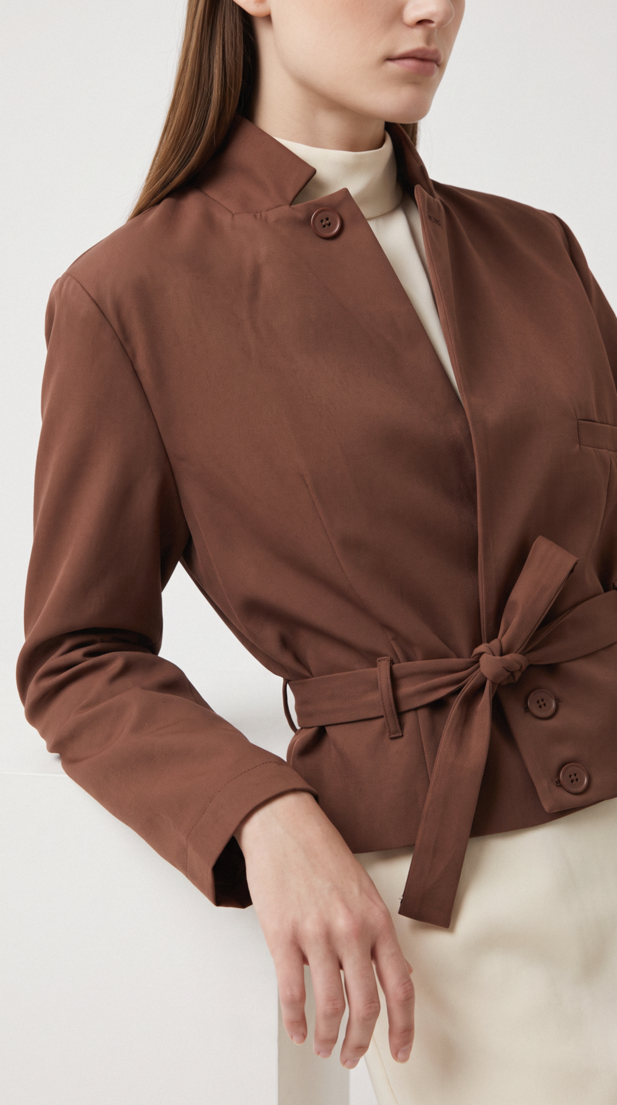 Sütlü Çikolata Kahve Vatkalı Önden Bağlamalı Blazer Ceket