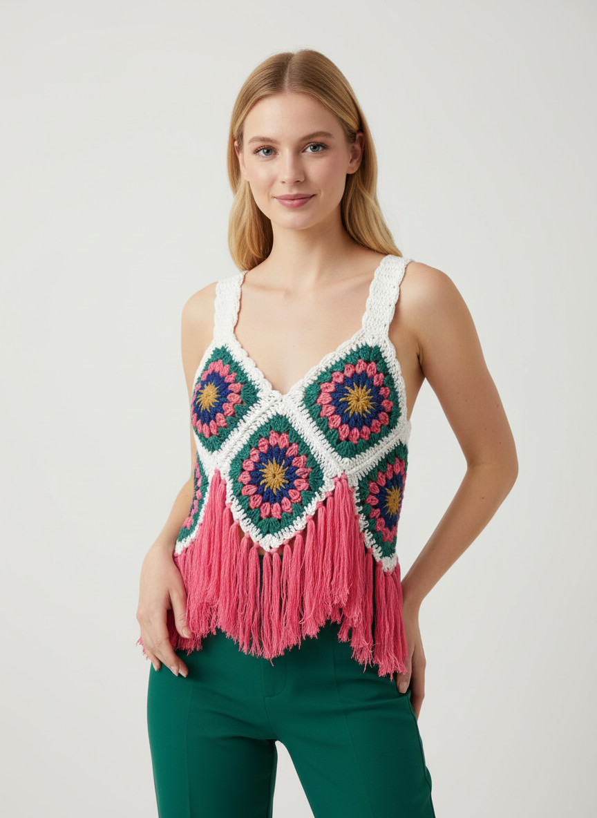 El Örgüsü Renkli Crop Top | Bohem Püsküllü Tasarım