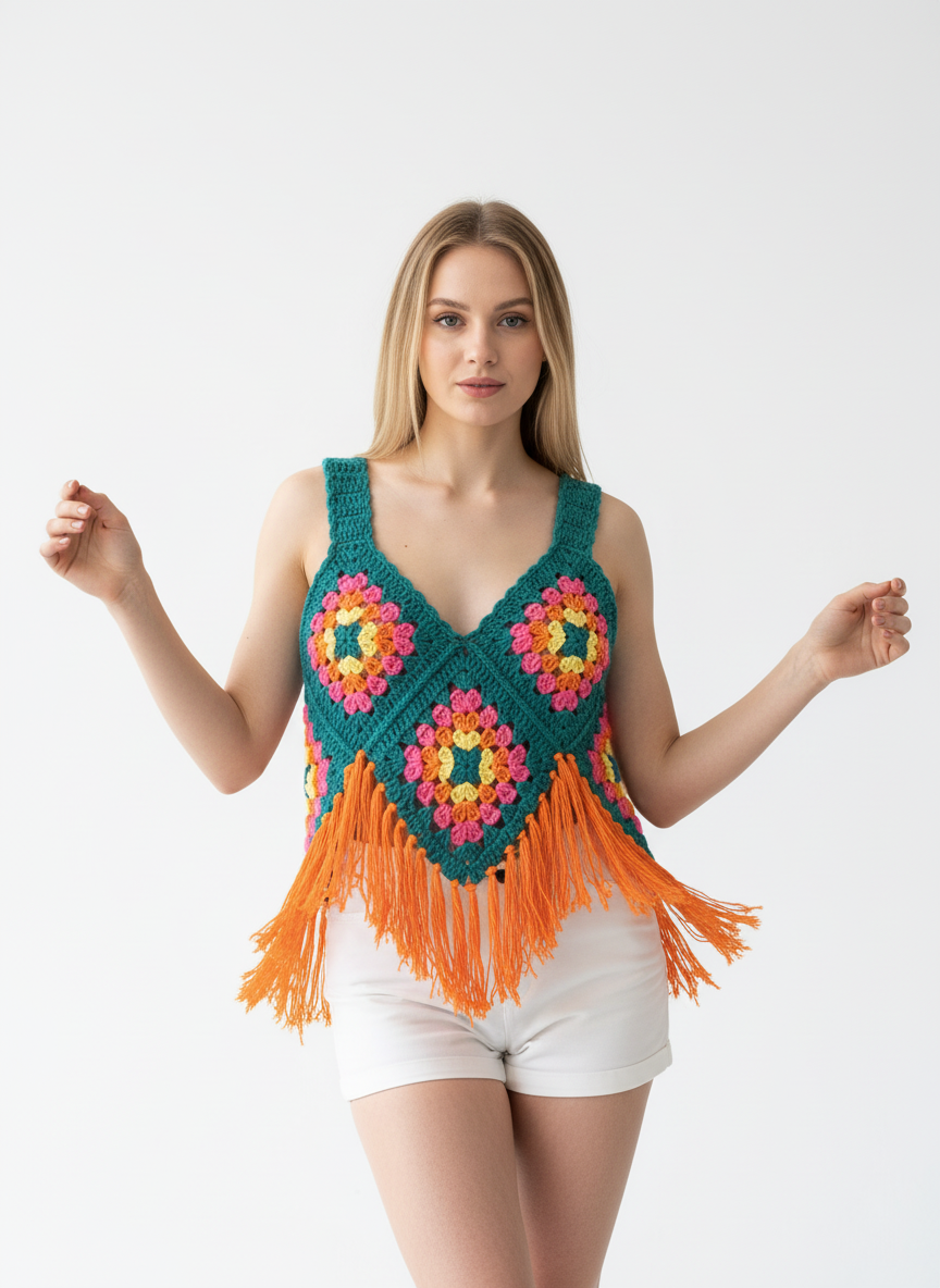 El Örgüsü Motifli Crop | Bohem Tarz