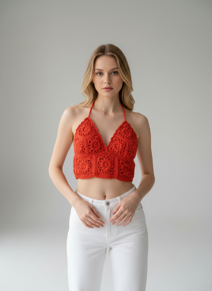 El Örgüsü Kırmızı Büstiyer – Boho Yaz Stili