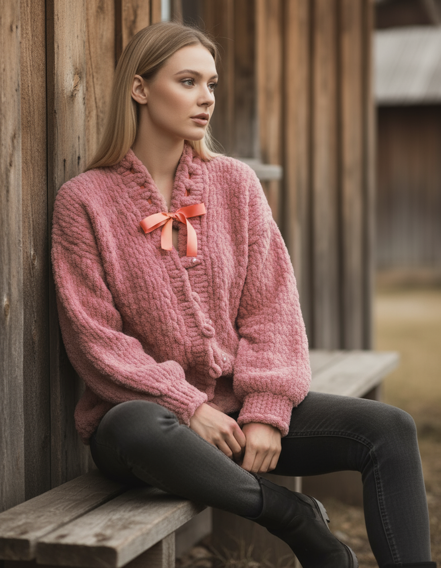 İnci Görünümlü Düğmeli ve Fiyonklu Crop Hırka | Pembe