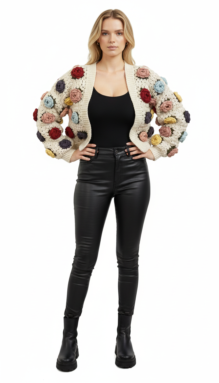El Örgüsü Çiçek Desenli Crop Hırka – Renkli Bohem Tarz