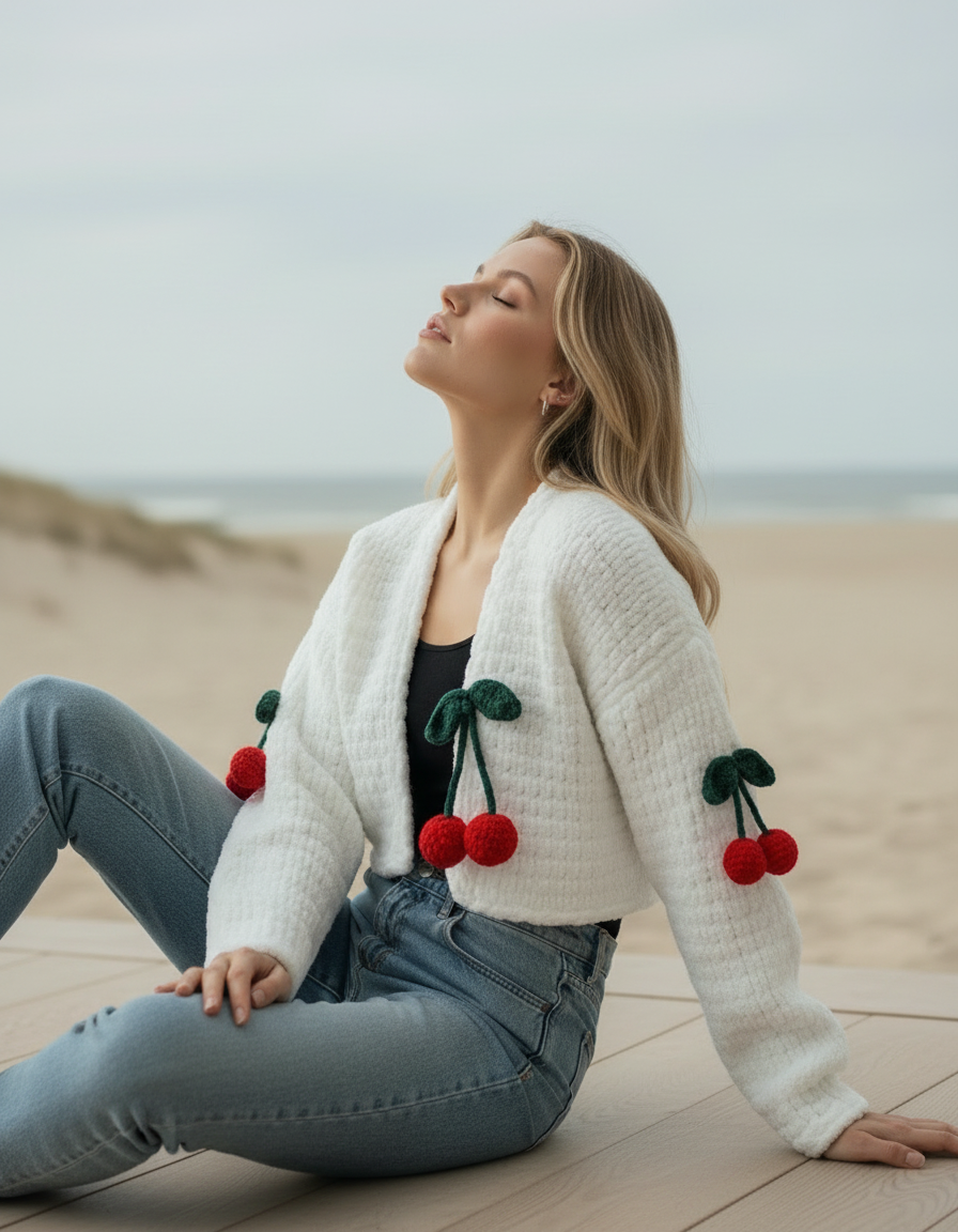 El Örgüsü Kiraz Detaylı  Beyaz Crop Hırka