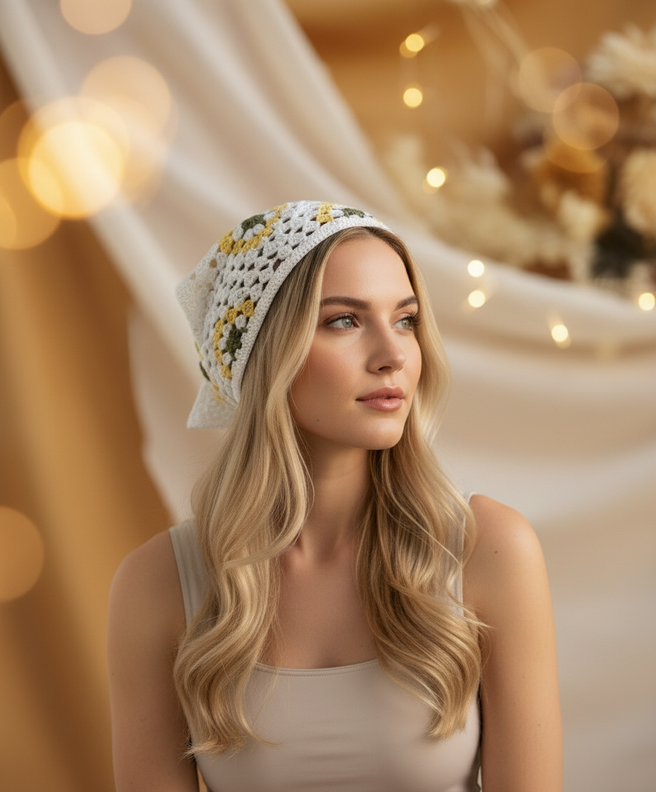 El Örgüsü  Bandana – Beyaz & Sarı Granny Kare Desenli
