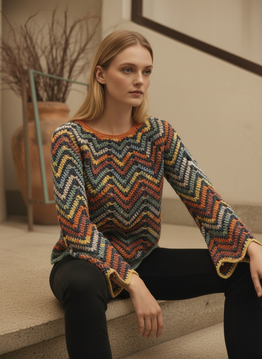 El Örgüsü Zigzag Desenli Renkli Kazak – Retro Boho Stil