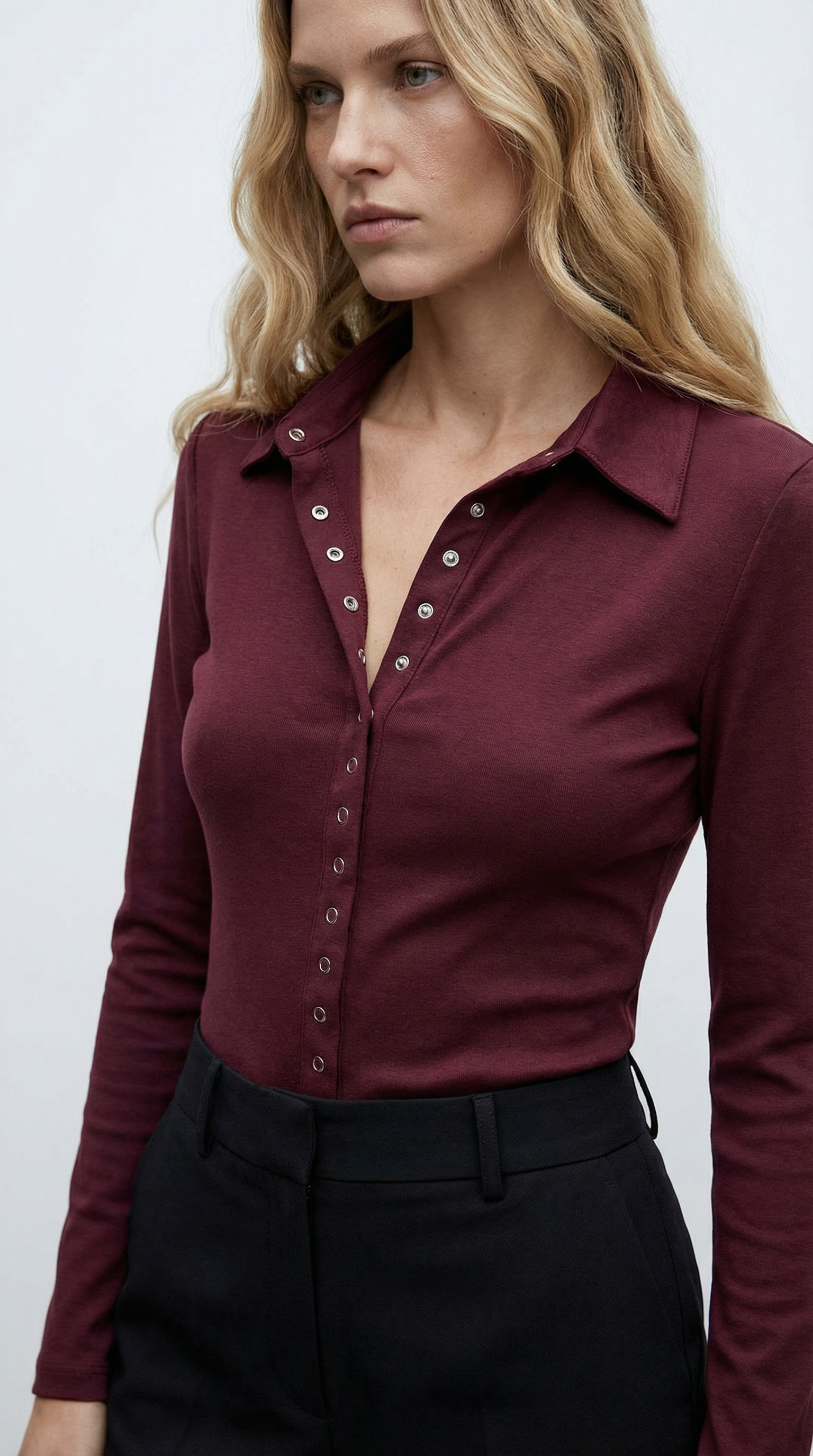 Bordo Çıtçıt Düğmeli Bluz